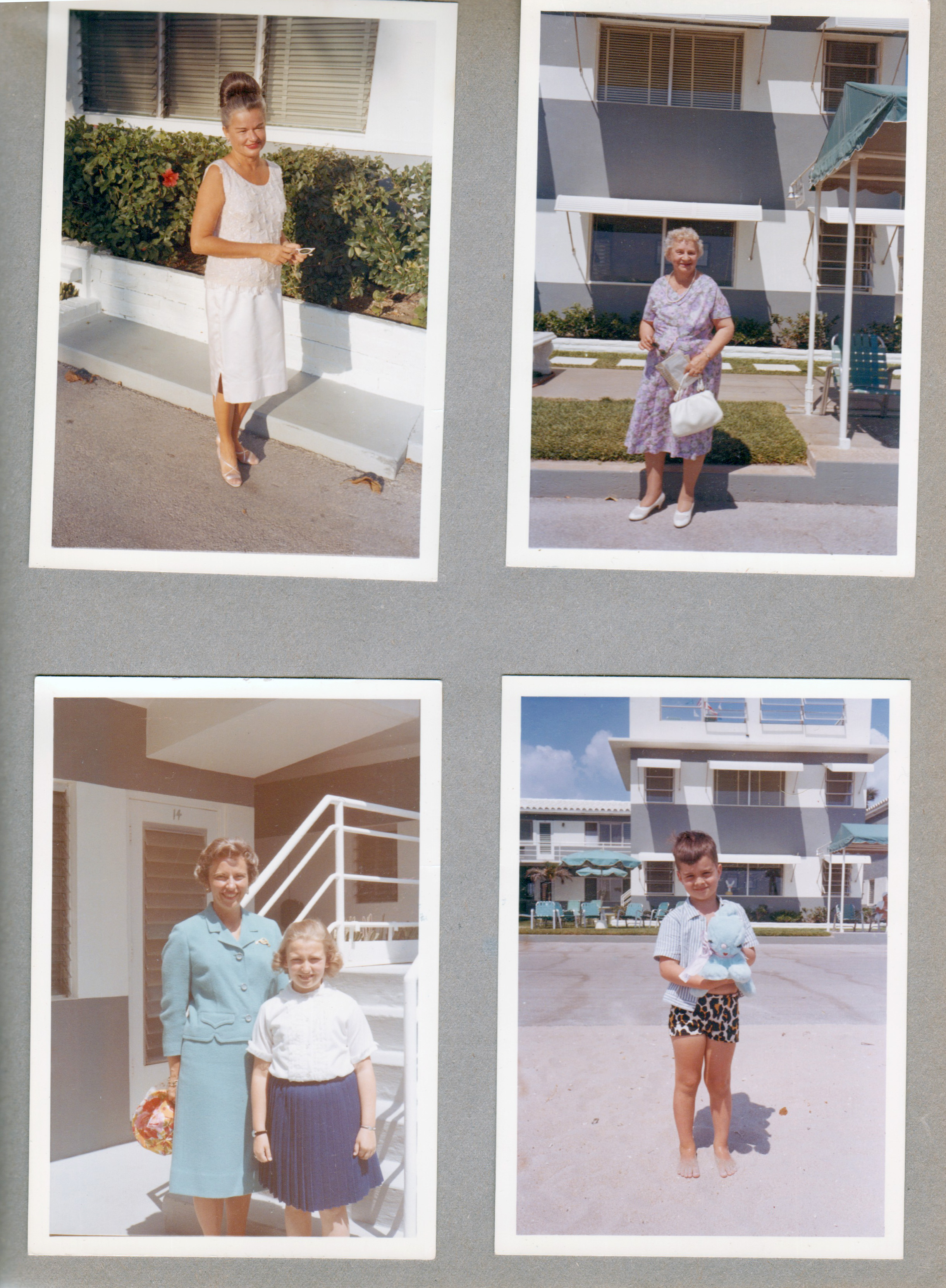 Hollywood Beach - Neptune - Irma Davis on Surf Road by cactus flowers. #30 Mr Wagner - Long Island, NY. Lucy and Susan Hammel. Alan on beach in front of Neptune.
