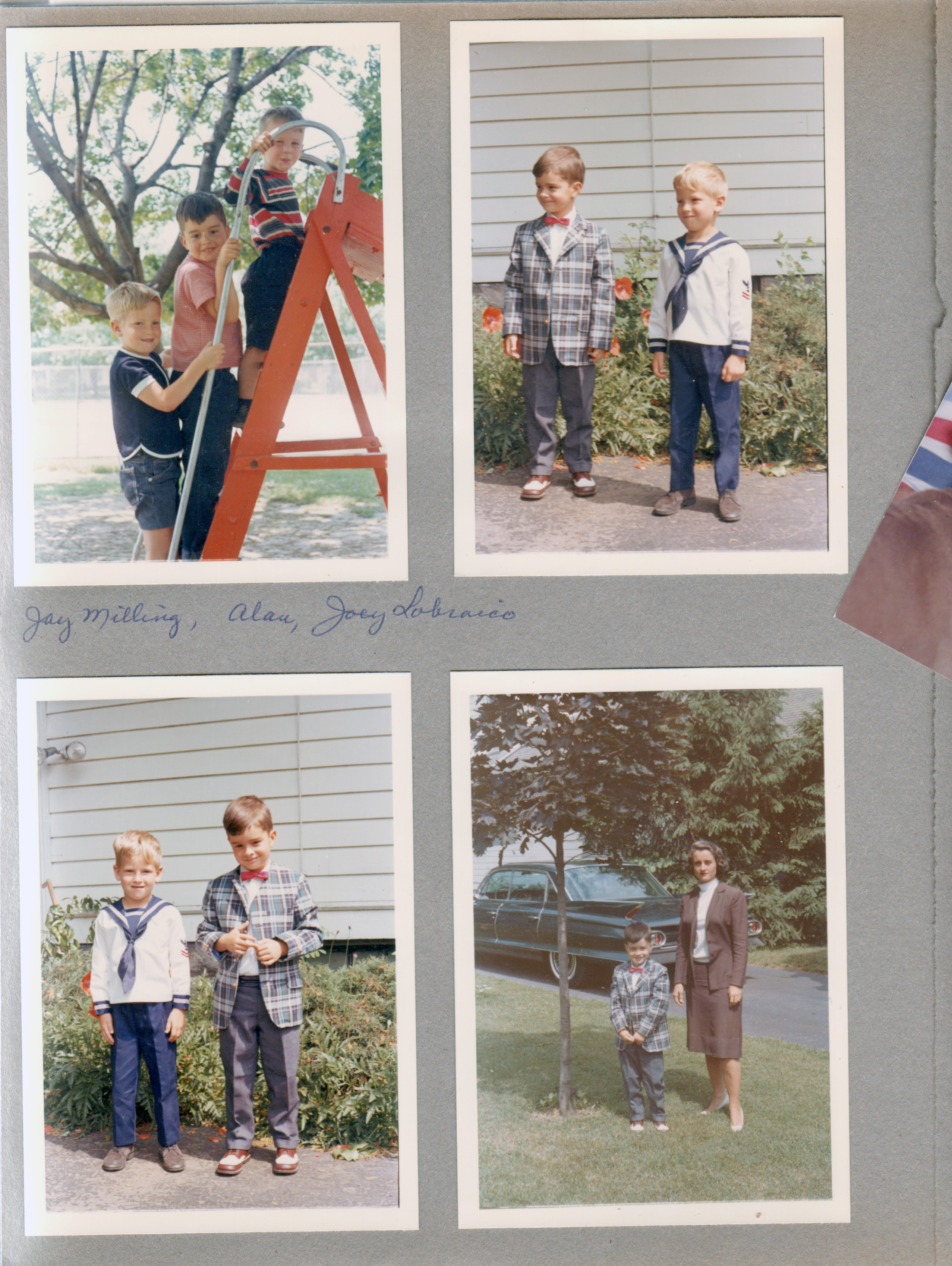 Jay Milling, Alan, Joey Lobraico on slide ladder. Alan and Jay at 6122 by poppies. Alan and Rosemary by black Cadillac 6122. (Jay, Leslie, Mathy, Sue, Dave Milling - 219 N. Road, Wilmington, Delaware 19809)
