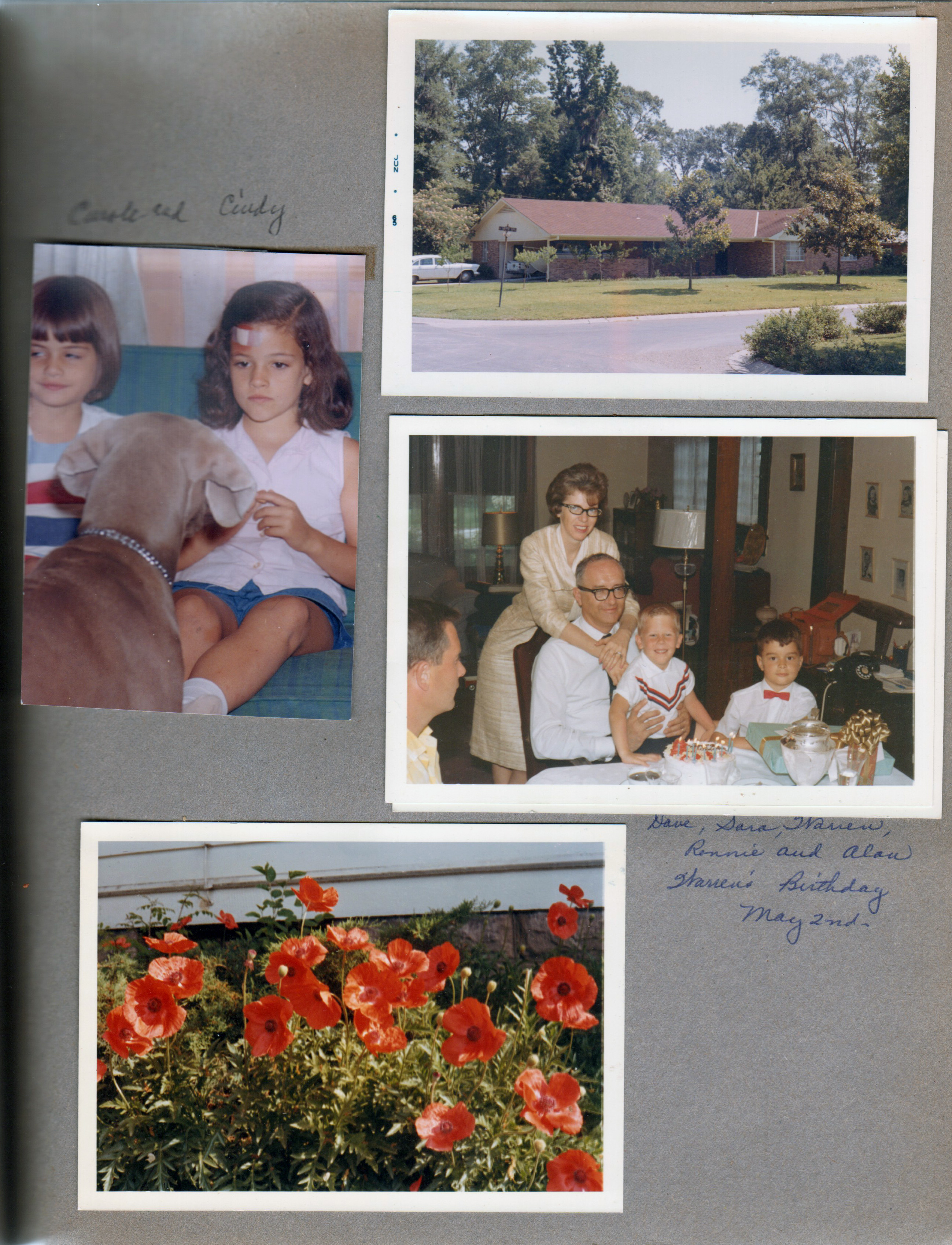 Carole and Cindy. House 9311 N. Parkview Dr, Baton Rouge 15, LA. at 3845 Capitol for Warren's birthday - Dave, Sara and Warren, Ronnie and Alan. Poppies at 6122.