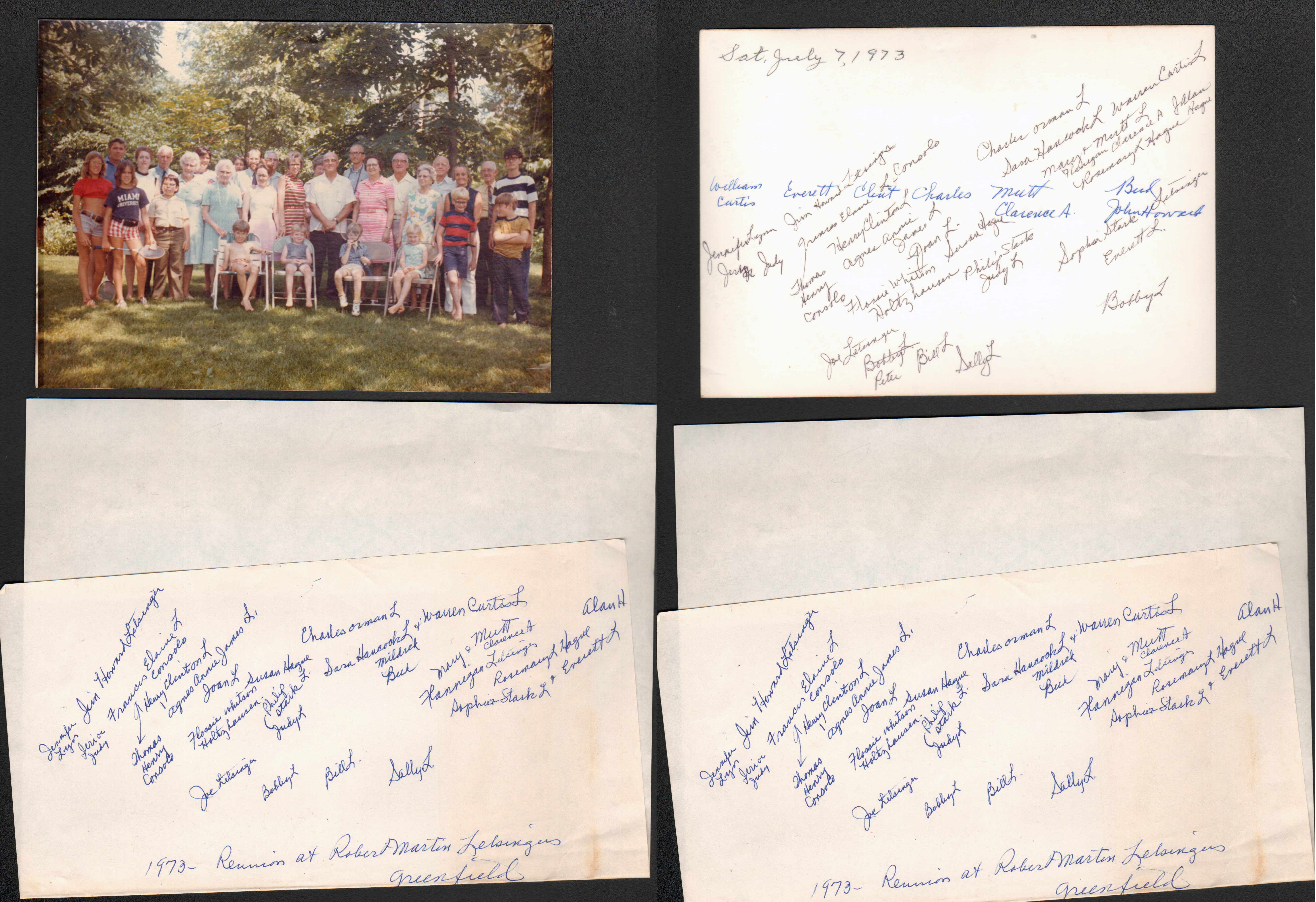 1973 Reunion at Robert (Bob) Martin Letsinger's in Greenfield - Jennifer Lyn, Jim Howard Letsinger, (Jeri or Judy), Frances Elaine L. Consolo, Henry Clinton (Clint) L., Thomas Henry Consolo.Agnes Anne James L., Joan L., Flossie Whitson Holtzhausen, Susan (face), Joe L. (chair), Philip Stark L., Judy L., Charles Orman (Orma) L., Sara Hancock L., Bobby L. (chair), Mildred Johnson L. John Howard (Bud) L., Bill L. (chair), Warren Curtis L., Mary Flannagan L., Clarence Austin (Mutt) L., Sally L. (chair), Sophie Stark L., Wm Curtis L., (Bobby L.?), Rosemary, Everett L., (Bobby L.?), Alan.