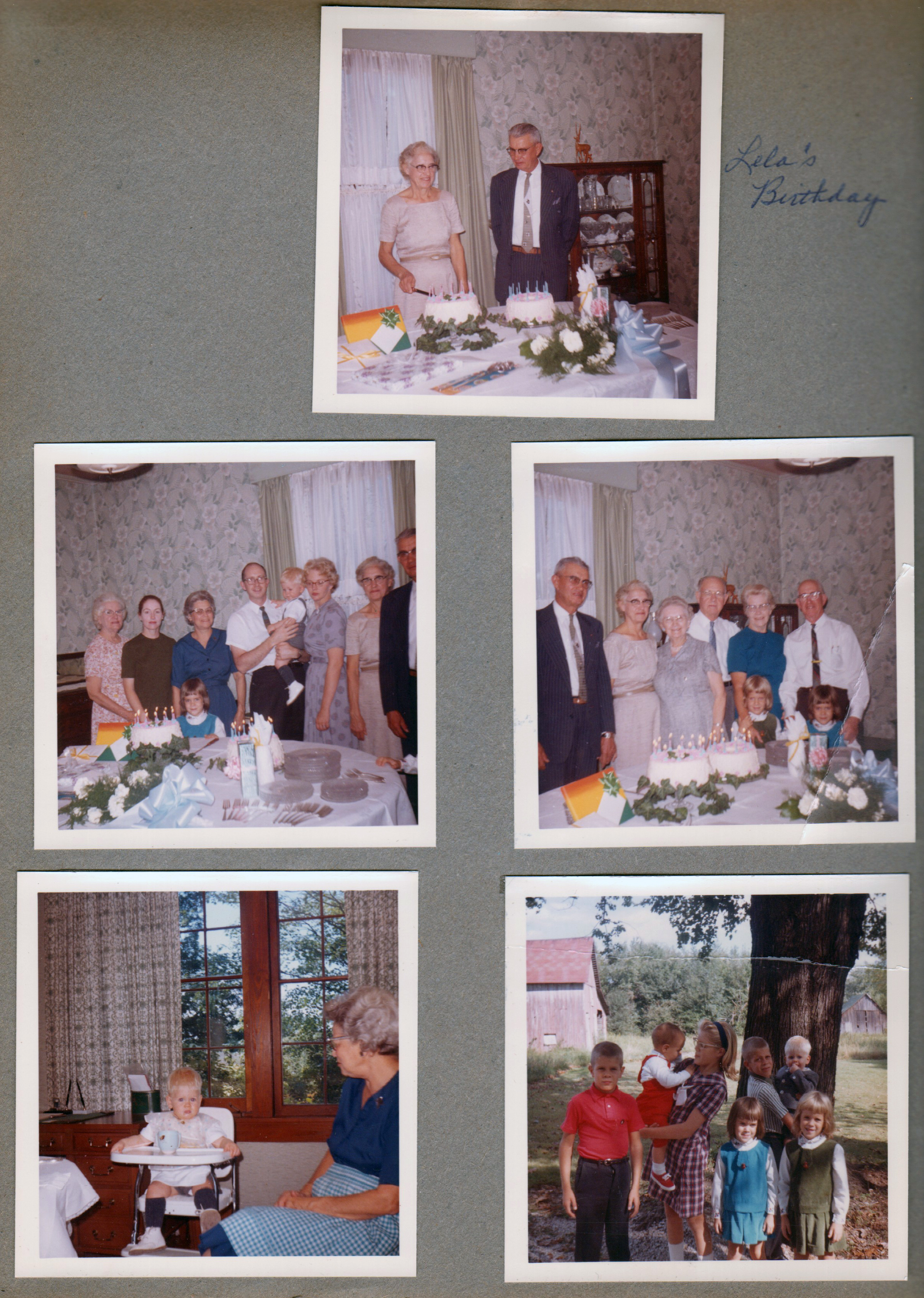 Lela's birthday. Bonnie Barrick, Fran, Sophia, Robert, Bobby, Joanne. Fred, Lela Blair, Letsingers, Agnes, Everett. 