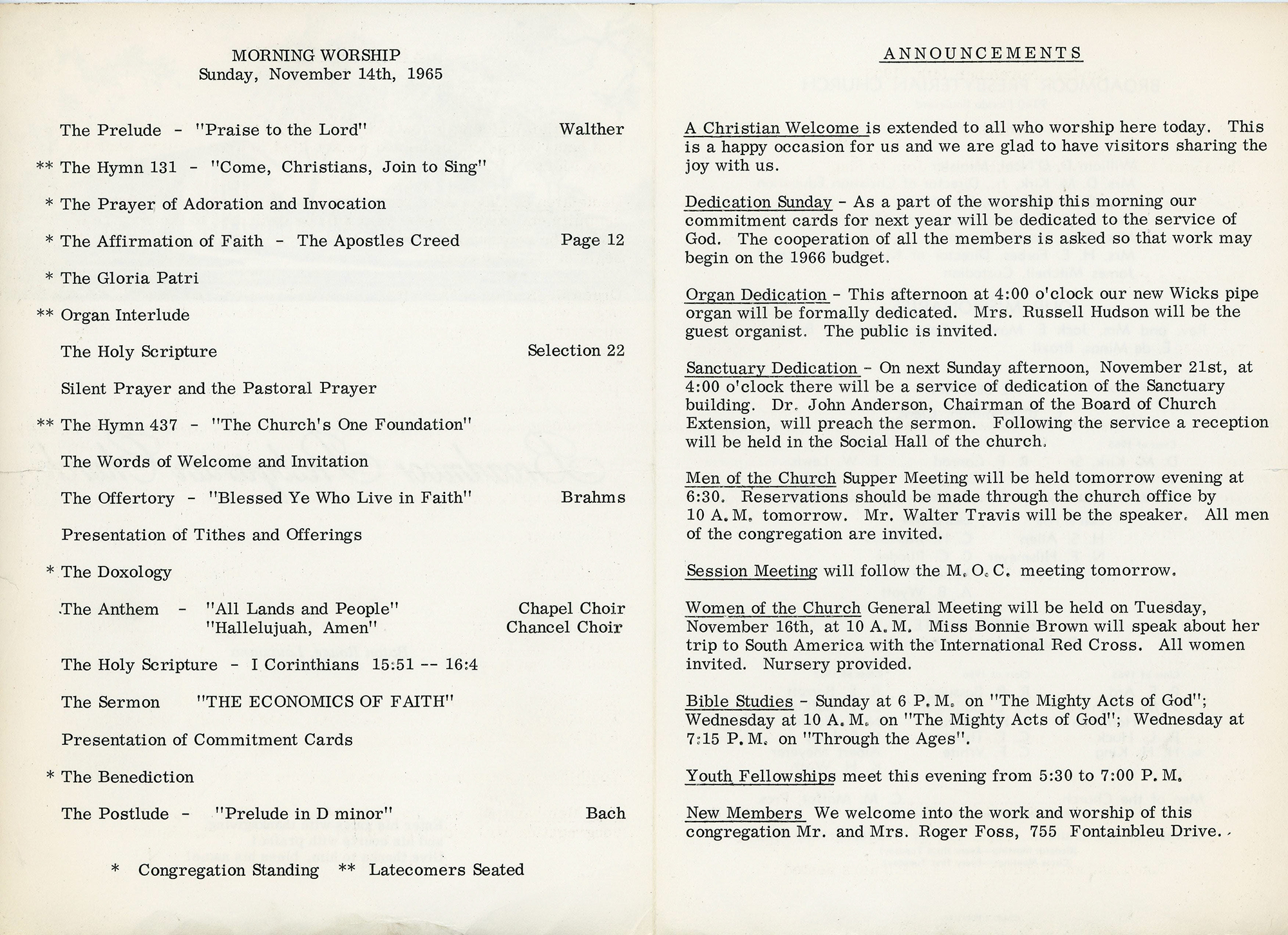 Broadmoor Presbyterian Church - Baton Rouge, LA - program from Nov 14, 1965