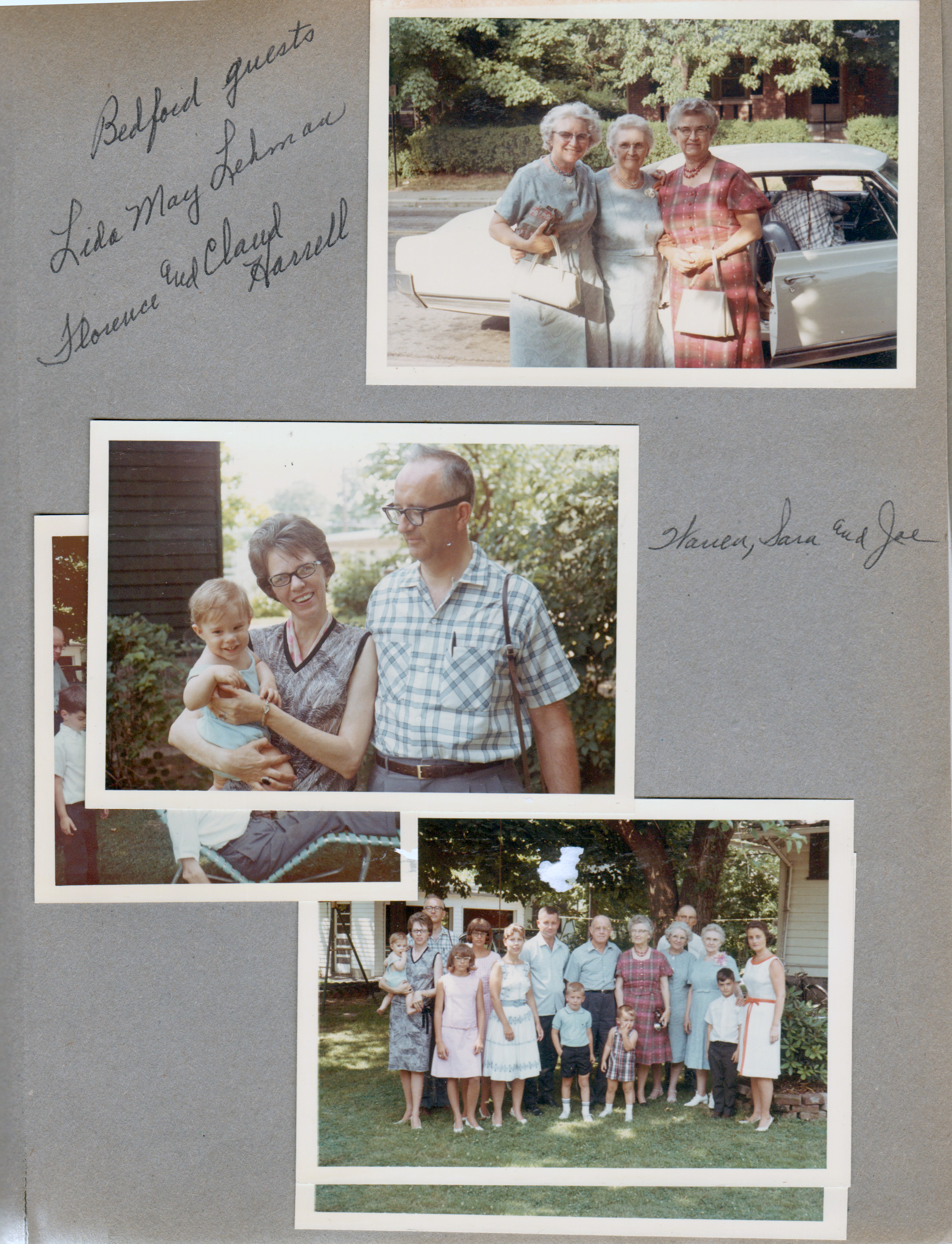 Bedford guests - Lida May Lehman, Florence and Claud Harrell - Lida May, Vonnie, Florence. Joe, Sara, and Warren. 
