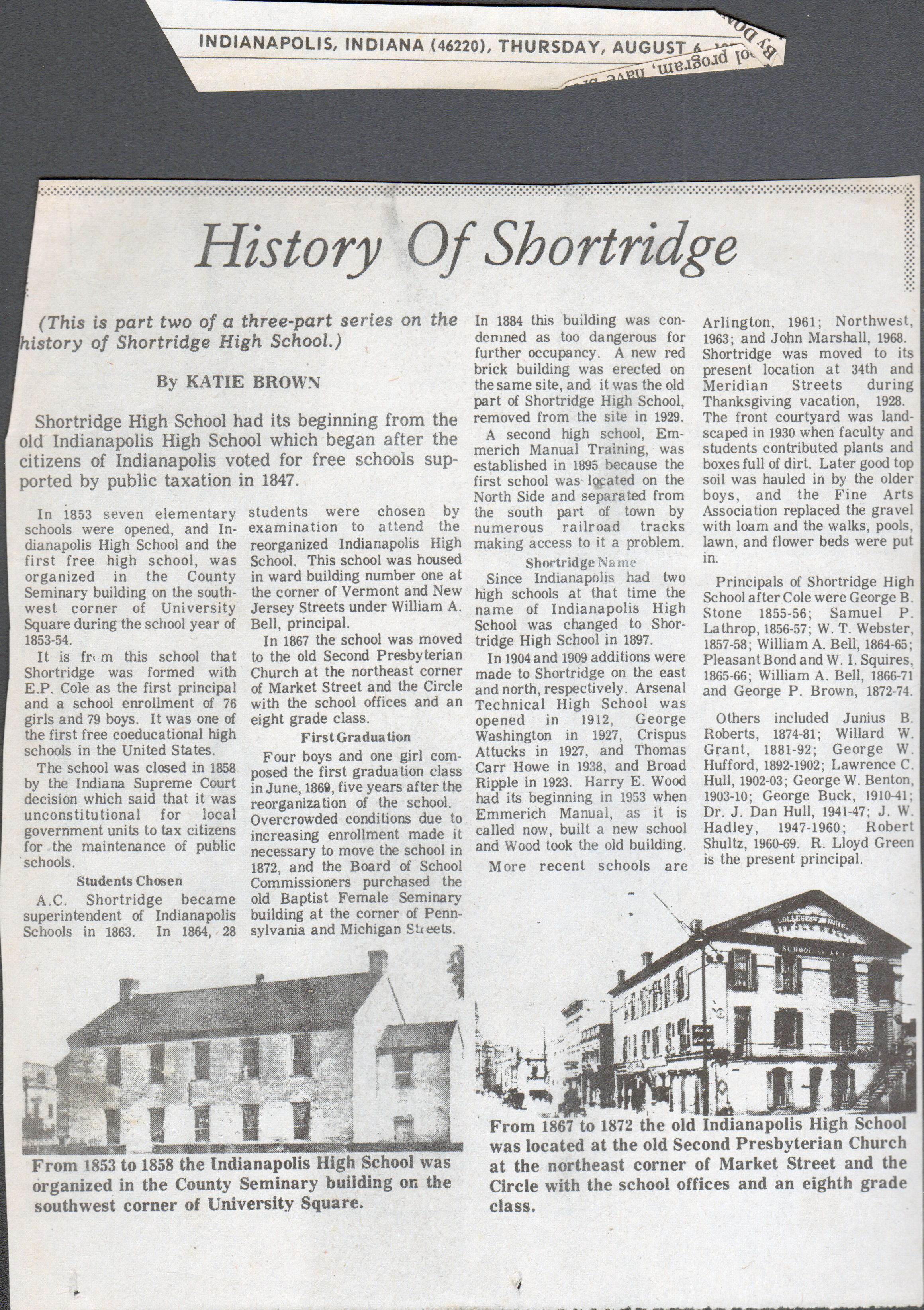 newspaper clipping - History of Shortridge (and other IPS high schools)