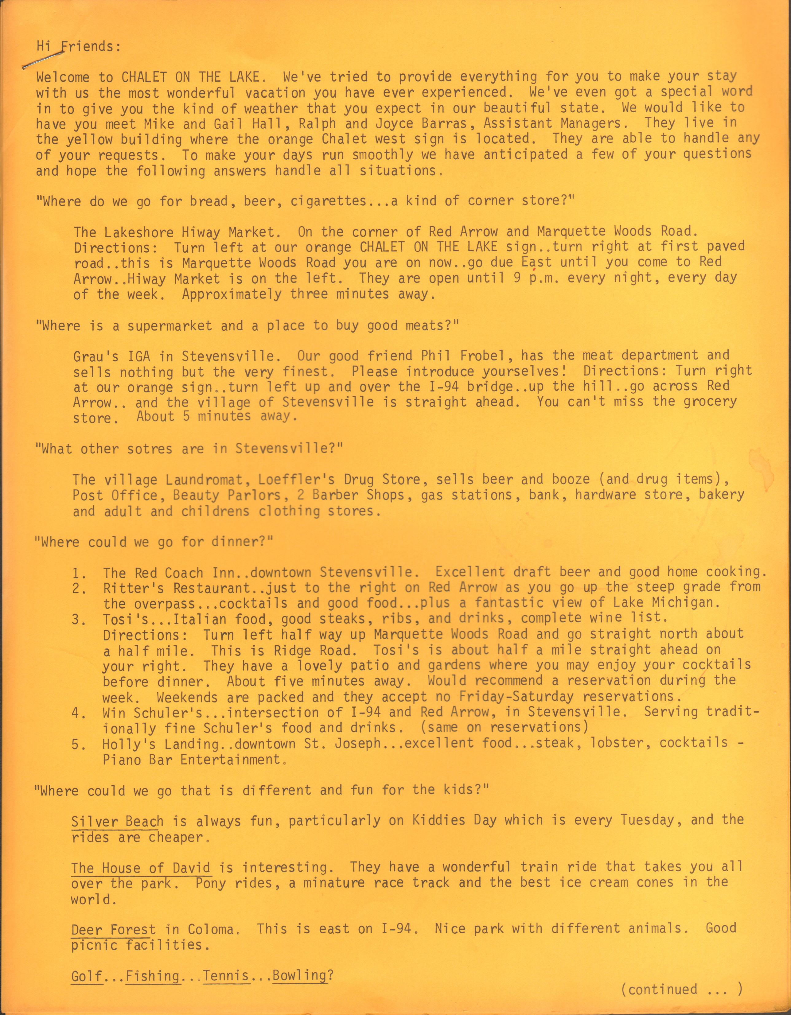 Chalet on the Lake - welcome letter