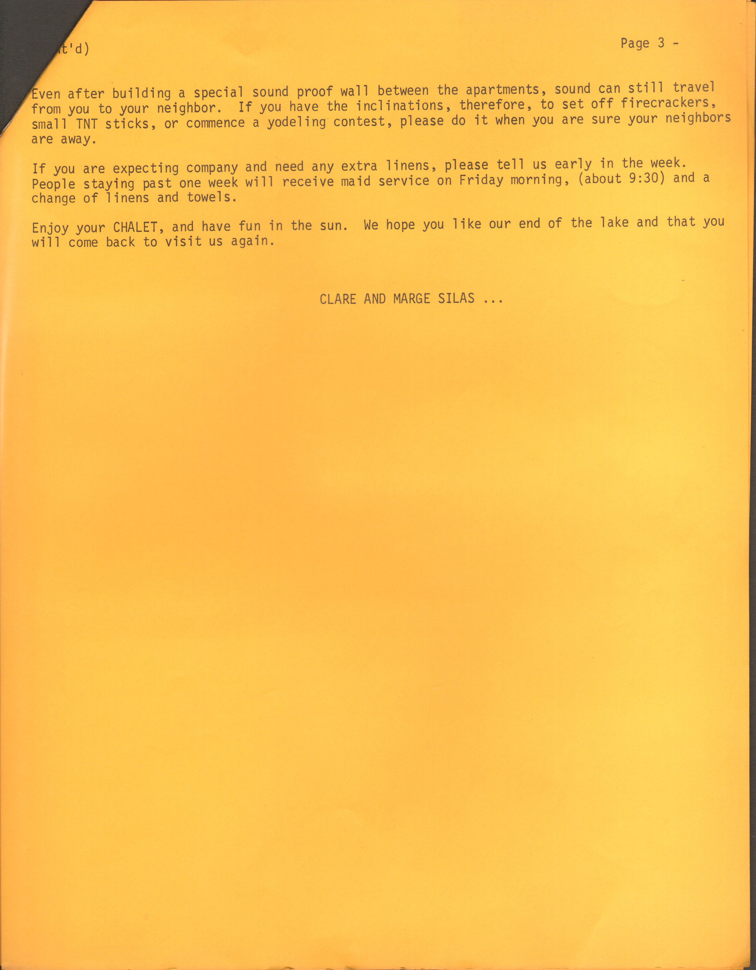 Chalet on the Lake - welcome letter