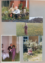 photos from Salminens in Finland - Grandfather binding bath whisker (1971). Svivv at their summer place in Espo near Helsinki. The baptizing of Paavo's younger daughter Sonja-Teena. Paavo's mother-in-law has the baby in her arms (1970). Riika and Ouli in front of the midsummer rosebush at our summer cottage.