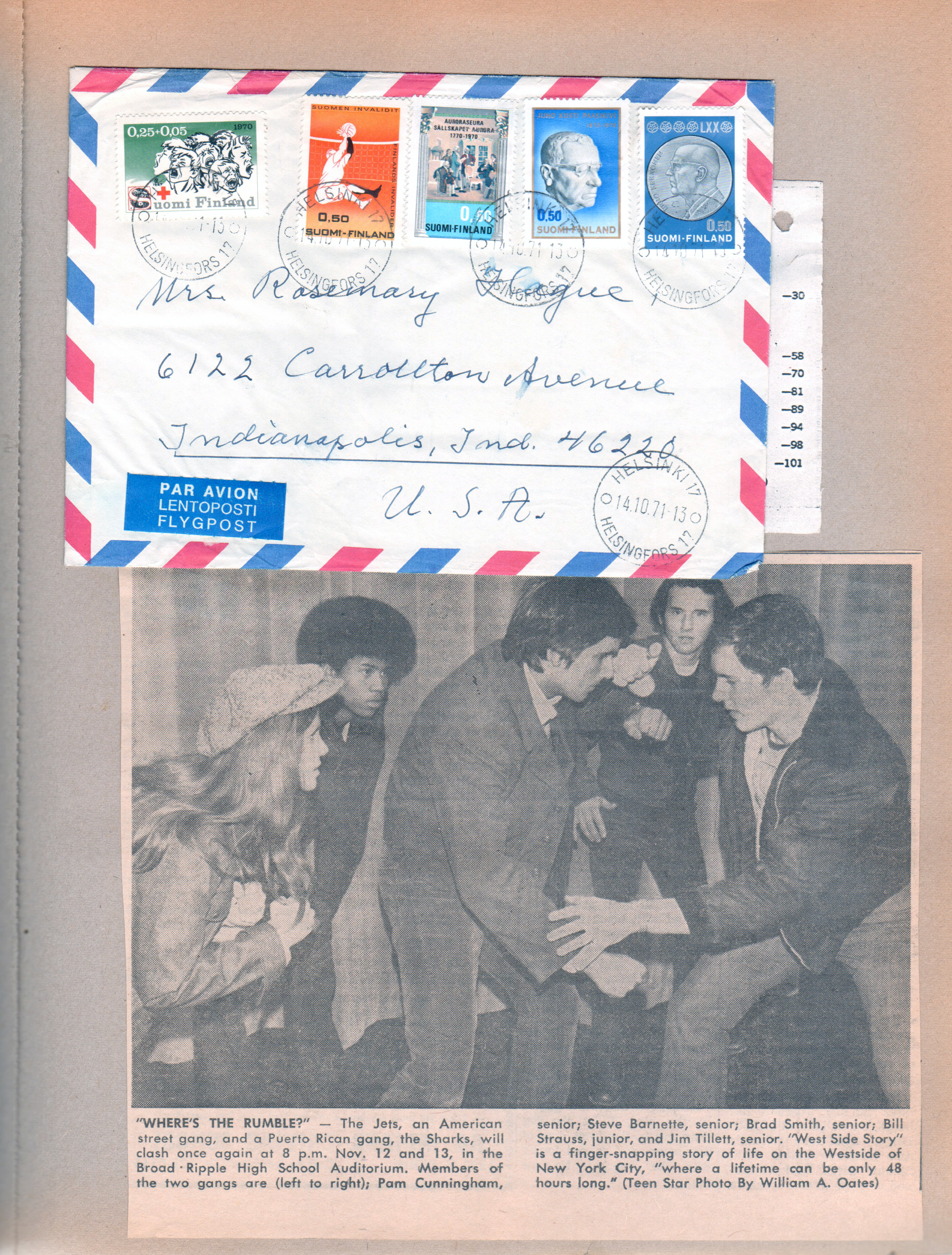Envelope from Salminens in Finland. Newspaper clipping BRHS production of West Side Story.