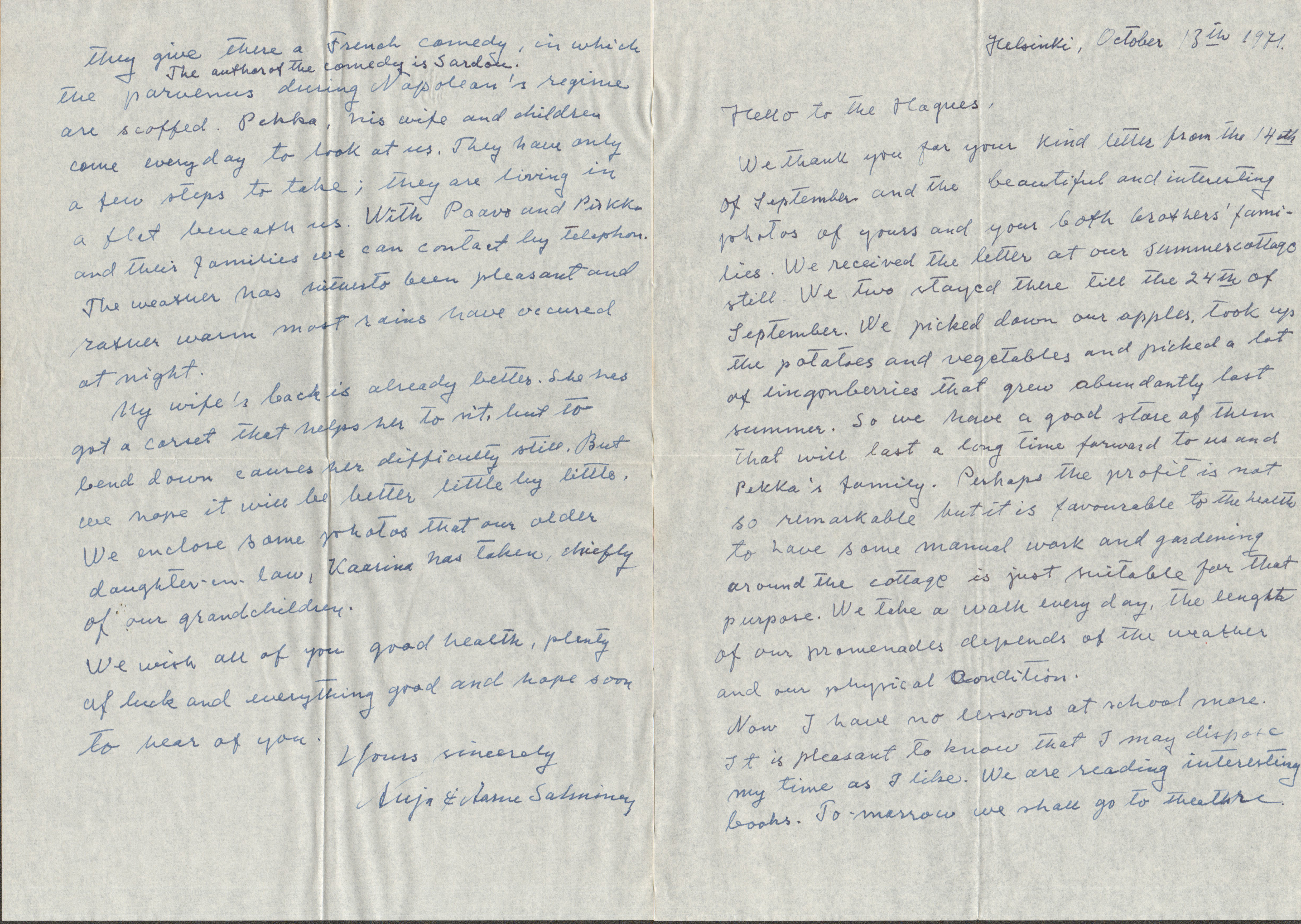 Letter from Salminens in Finland