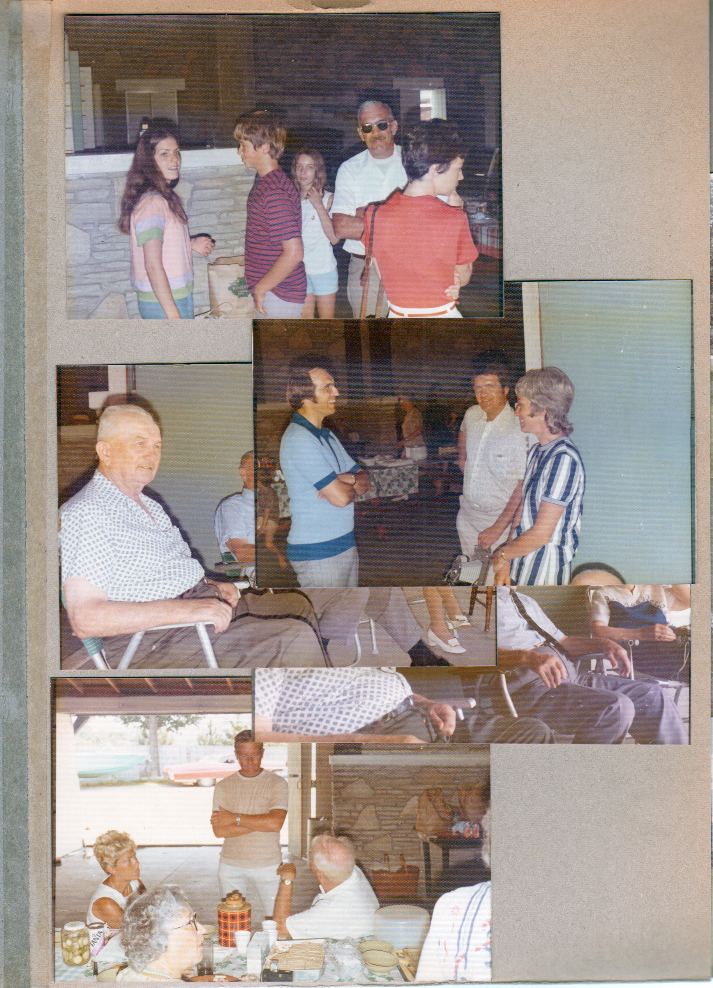 Draper Reunion - Bedford. Aug 13, 1973 - (top) Carrie Smith, Bryan, Bob Edelman. (2nd) Fred, Bruce, Eleanor Edelman.