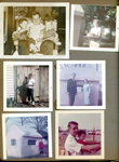 3845 - Alan, Dave, Ronnie in chair. Susan with cake by 6122 playhouse. Susan in alley by fence with Princess. John and Rosemary by playhouse. Susan by pink playhouse. John and Alan at amusement park.