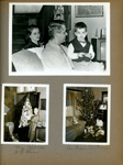 Christmas at 3845 - Rosemary, John, Alan. Vonnie with cards on stairs. Our Owen County pine tree.