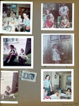 Vonnie, ???, Carole, Helen at dinner table (furniture in back looks like piece Elizabeth has). 6122 yard - Susan, Cindy, Alan, Carole. Susan and Carole at playhouse with Toy Manchester puppies.  JFK Stamps.