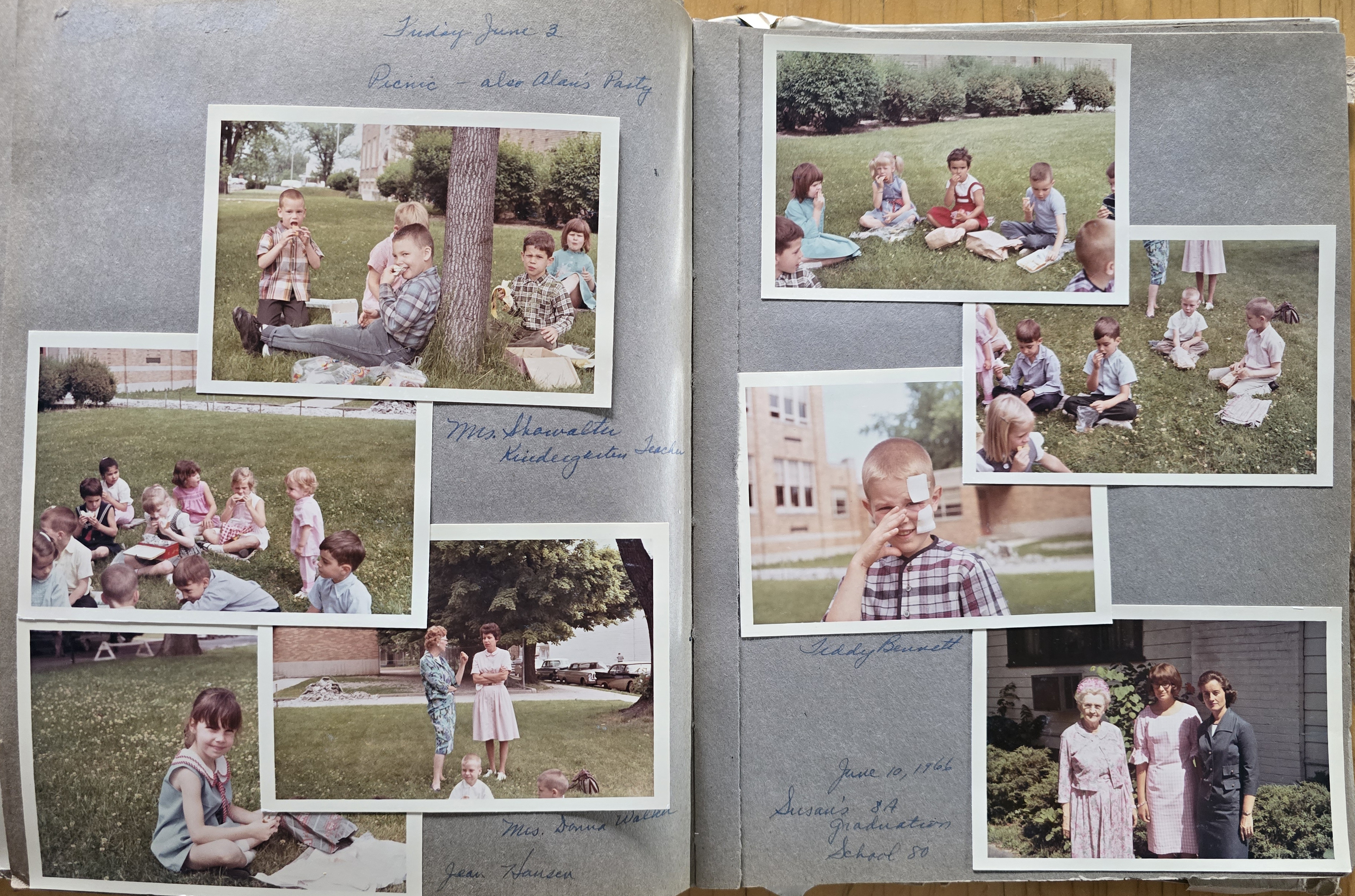 Friday, June 3, 1966 School 80 Mrs. Showalter's Kindergarten picnic - and Alan's birthday party. (left page) Michael Farmer, Andrew Wallace, Randy Brack, David Freedinger, Brenda Adkins. Lynn Moos, Veronica Shaftner, Marie Atkins, Lori Segal, Elizabeth Cosgrove, Ann Regan, Roger Watson, Chip Walker, Ronald Adams, Alan Hague, ___ Walker. Mrs Showalter and Mrs Donna Walker. Jean Hansen. (right page) Brenda Adkins, David Freedinger, Annette Selle, Gabriella Busci, Richard McVail. Mark Harney, Tim McGain, Ronald Adams, Shelley Webb, Alan Hague. Teddy Bennett. Susan's 8A graduation School 80 - Vonnie, Susan, Rosemary at 6122,