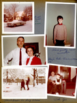 our car in snow at 6122 Carrollton - 6130 behind. Alan and Susan in yard snow. John and Rosemary anniversary. 3845 Capitol Joe and Curt.
