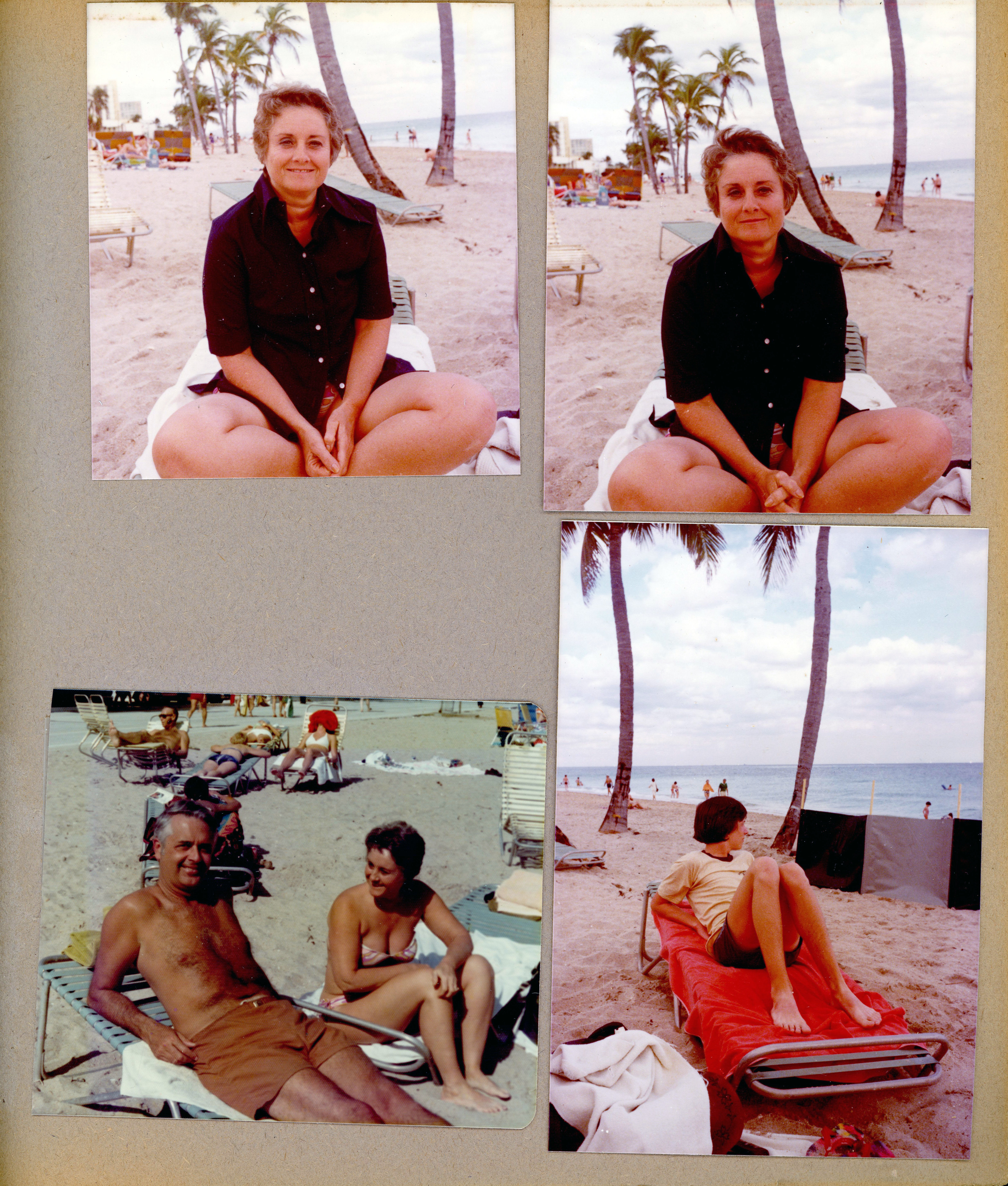 Florida trip - Hollywood - Neptune - Rosemary on beach. John and Rosemary. David Dawson on lounge on beach.