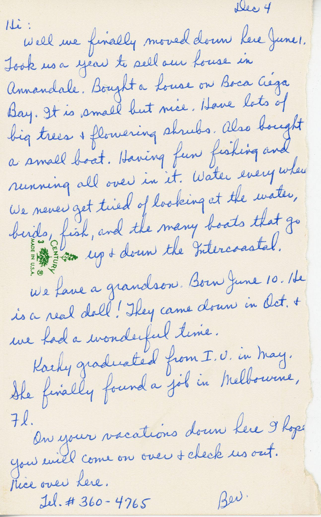 Letter from Bev Sheets