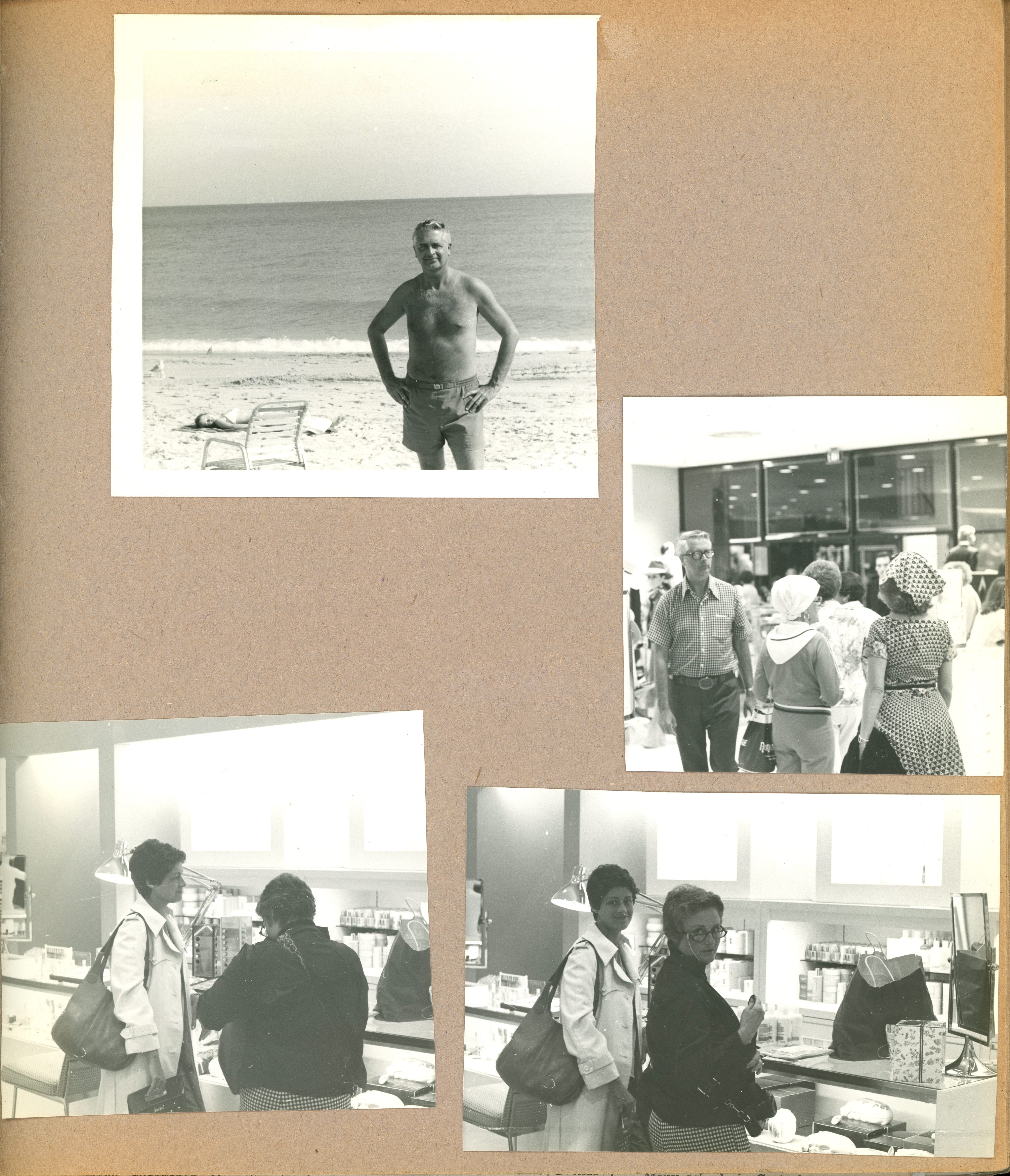 Alan's B&W - Florida trip - Hollywood - Neptune - John on beach. John, Susan and Rosemary in Saks Fifth Avenue in Miami.