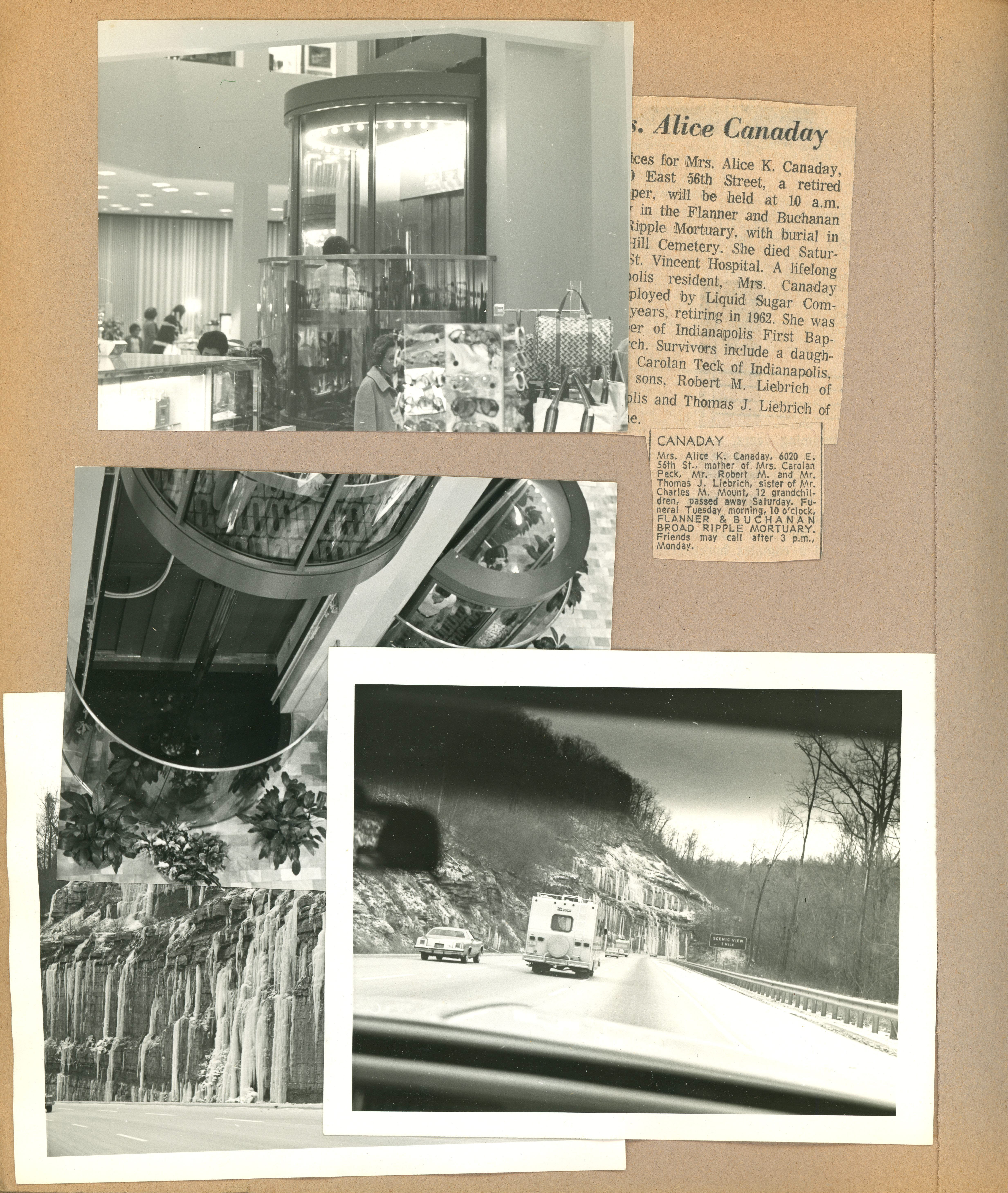 Alan's B&W - Florida trip - Saks Fifth Avenue in Miami. Trip home - frozen waterfalls in Tennessee. newspaper clipping - Alice Canaday obit.