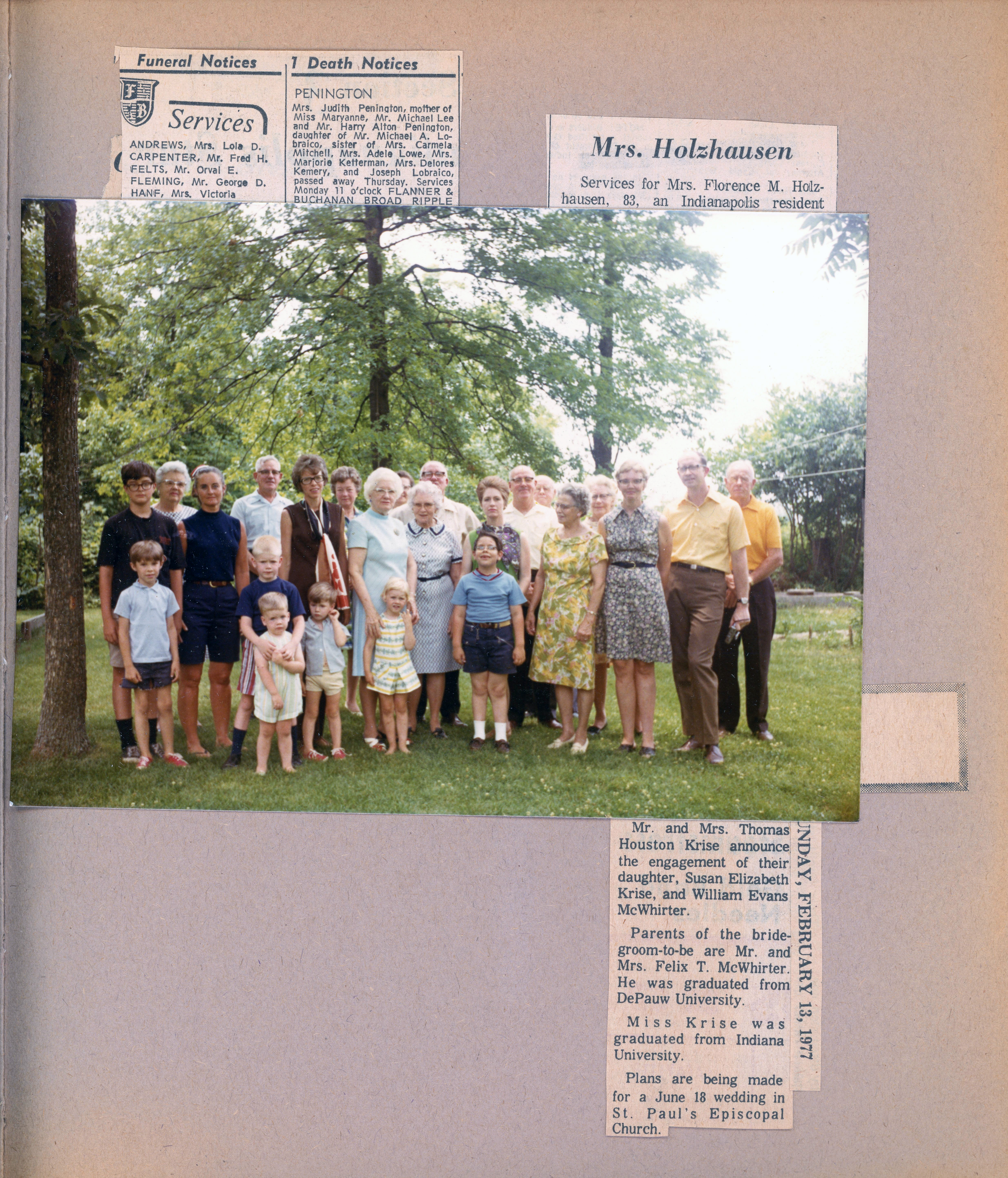 Old photo (June 1971) of Reunion at Bob Letsinger's - Alan, Joe, Ruby, Rosemary, Charles, Bobby, Peter, Sara, Mildred, Bonnie, Sally, Mary Flossie, Mutt, Fran, Bud, Curt, Sophia, Agnes, Joanne, Bob, Everett Clint?.