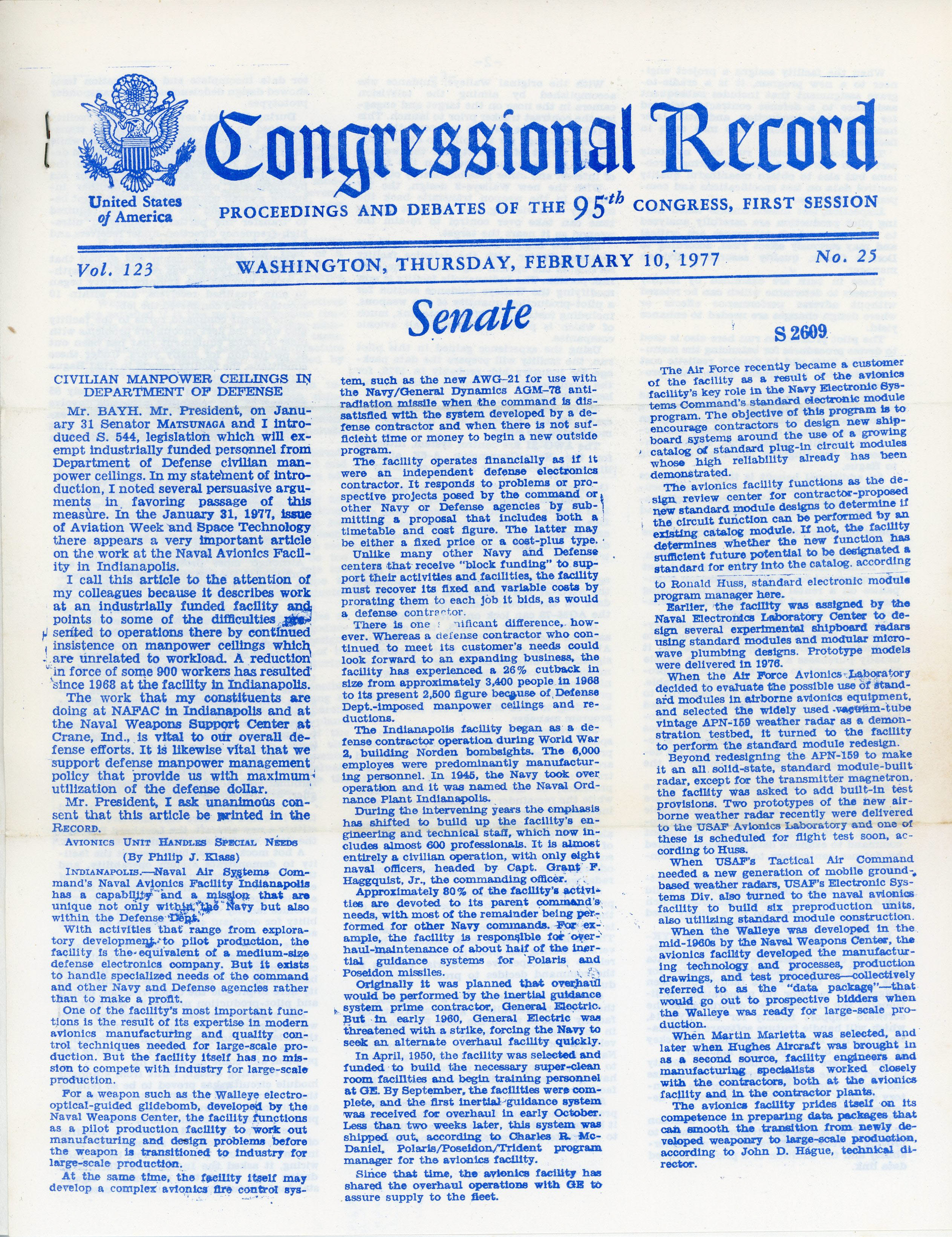 Congressional Record Feb 10 1977 - Civilian Manpower - NAFI.