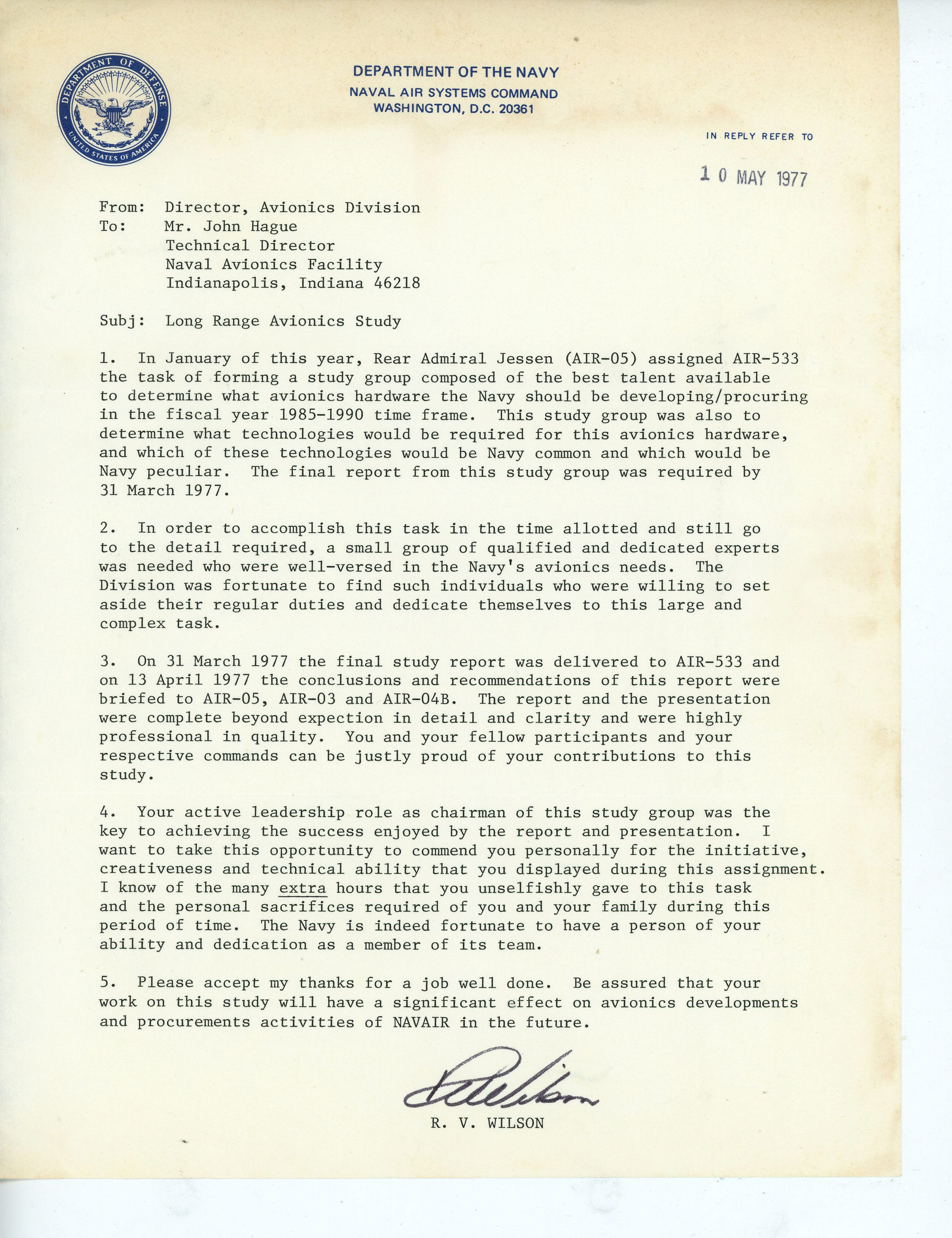 Dept of Navy letter - John D Hague job well done.