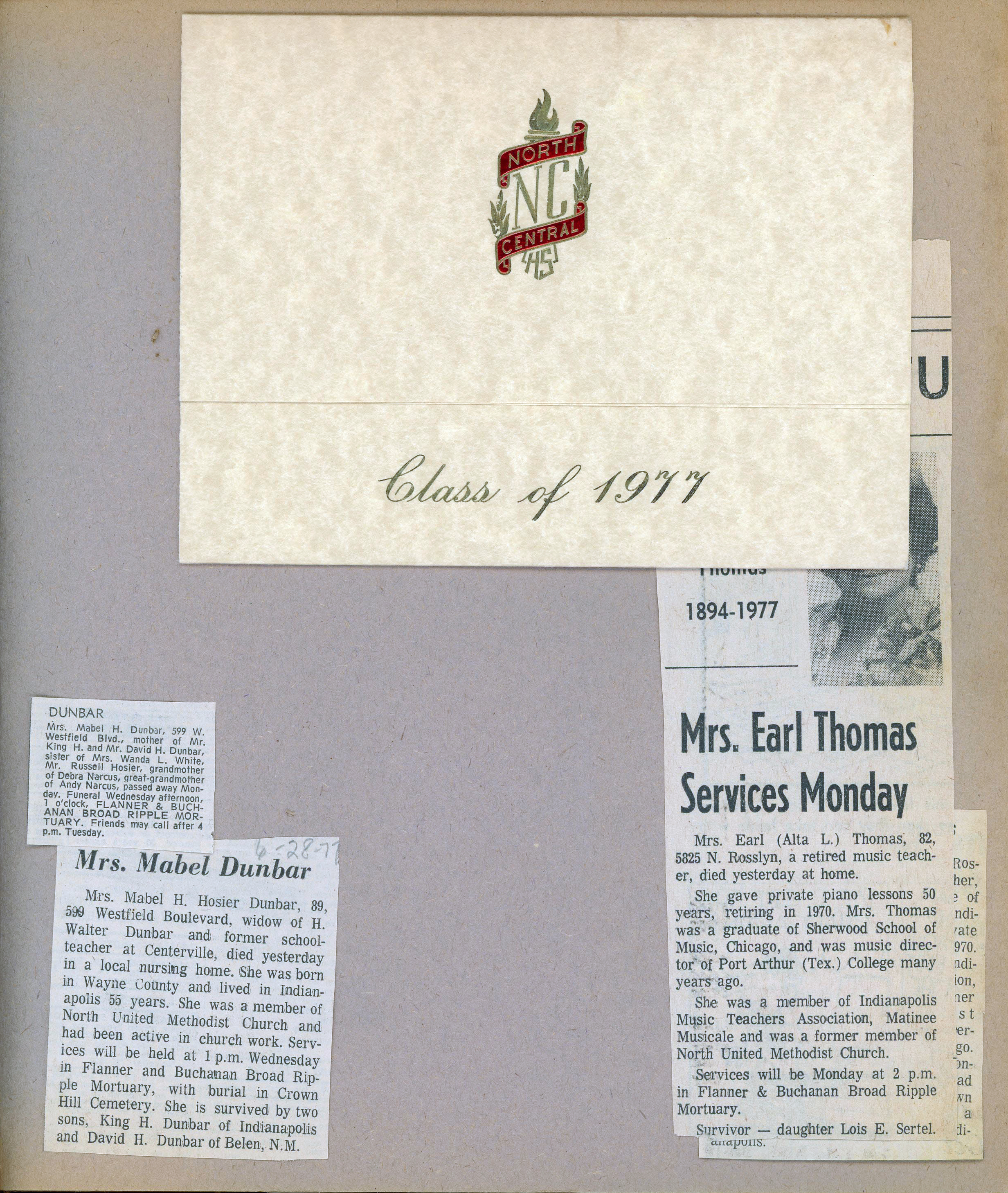 newspaper clipping - Mabel Dunbar obit. newspaper clipping - Alta Thomas obit. North Central class of 77 graduation announcement - Tracy Jackson
