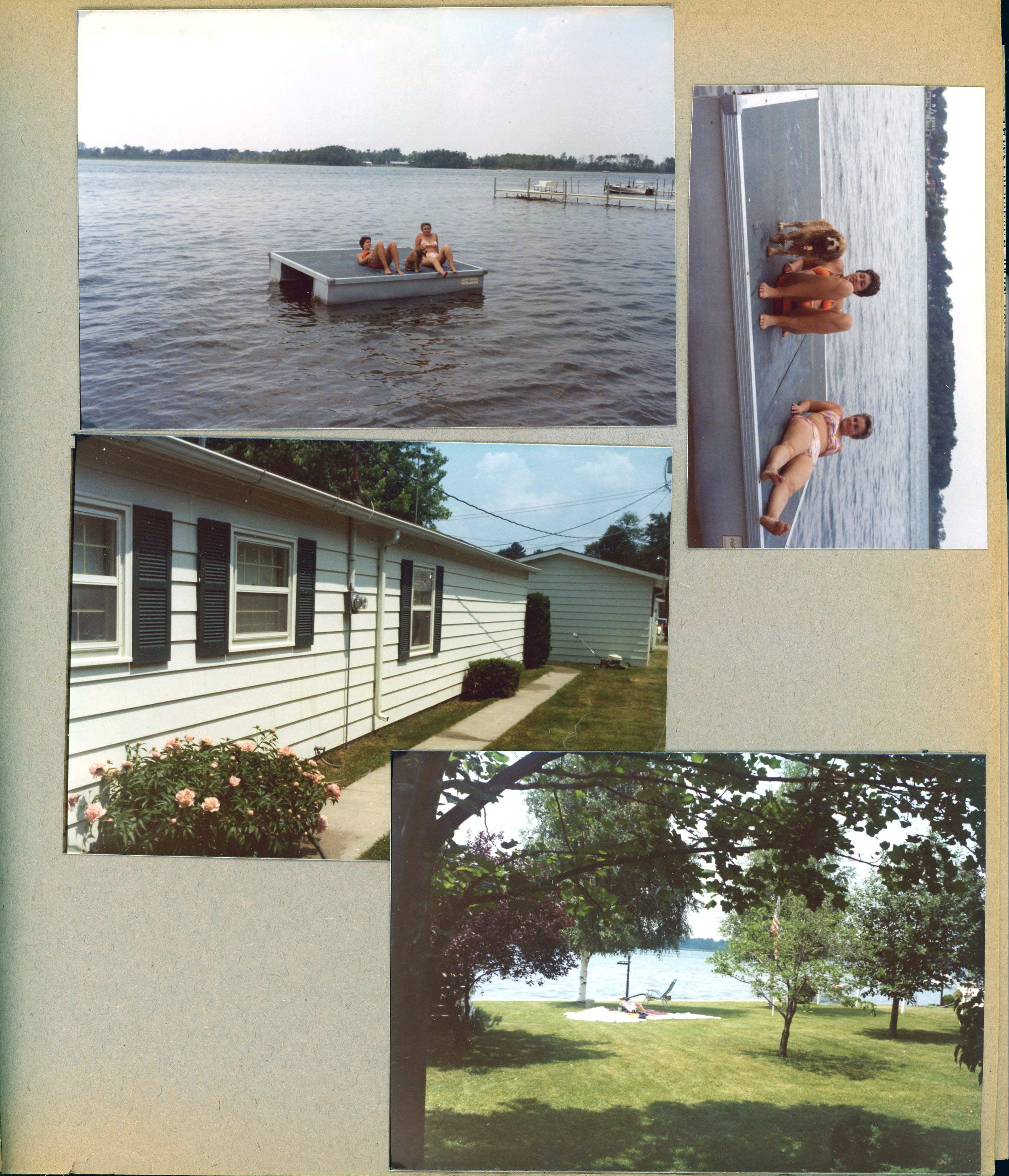 Wawasee - Susan, Heather and Rosemary on floating platform. South side of house. Front yard trees.