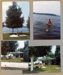 Wawasee - Front yard trees. Susan on raft, Heather in lake. House from lake - Rosemary.