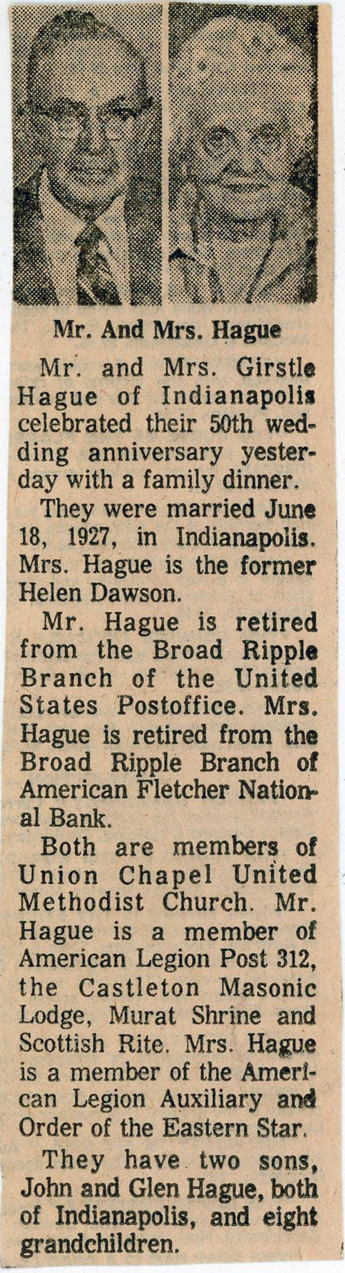 newspaper clipping - Helen and Girstle Hague 50th anniversary