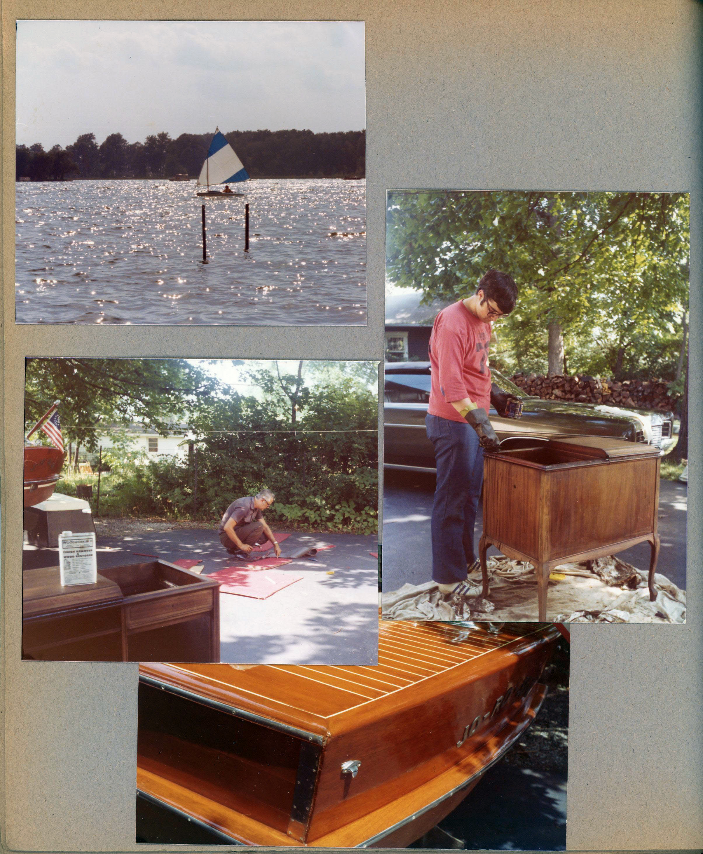 Wawasee - David Dawson sailing Lugar sailboat. 6122 driveway - alan refinishing Victrola. John working on Chris Craft carpet.