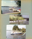Wawasee - Susan in Sylvan, David Dawson, Fred Machledt and John on pier. Turtles on rocks in channel. Fuller Master Blaster boat.