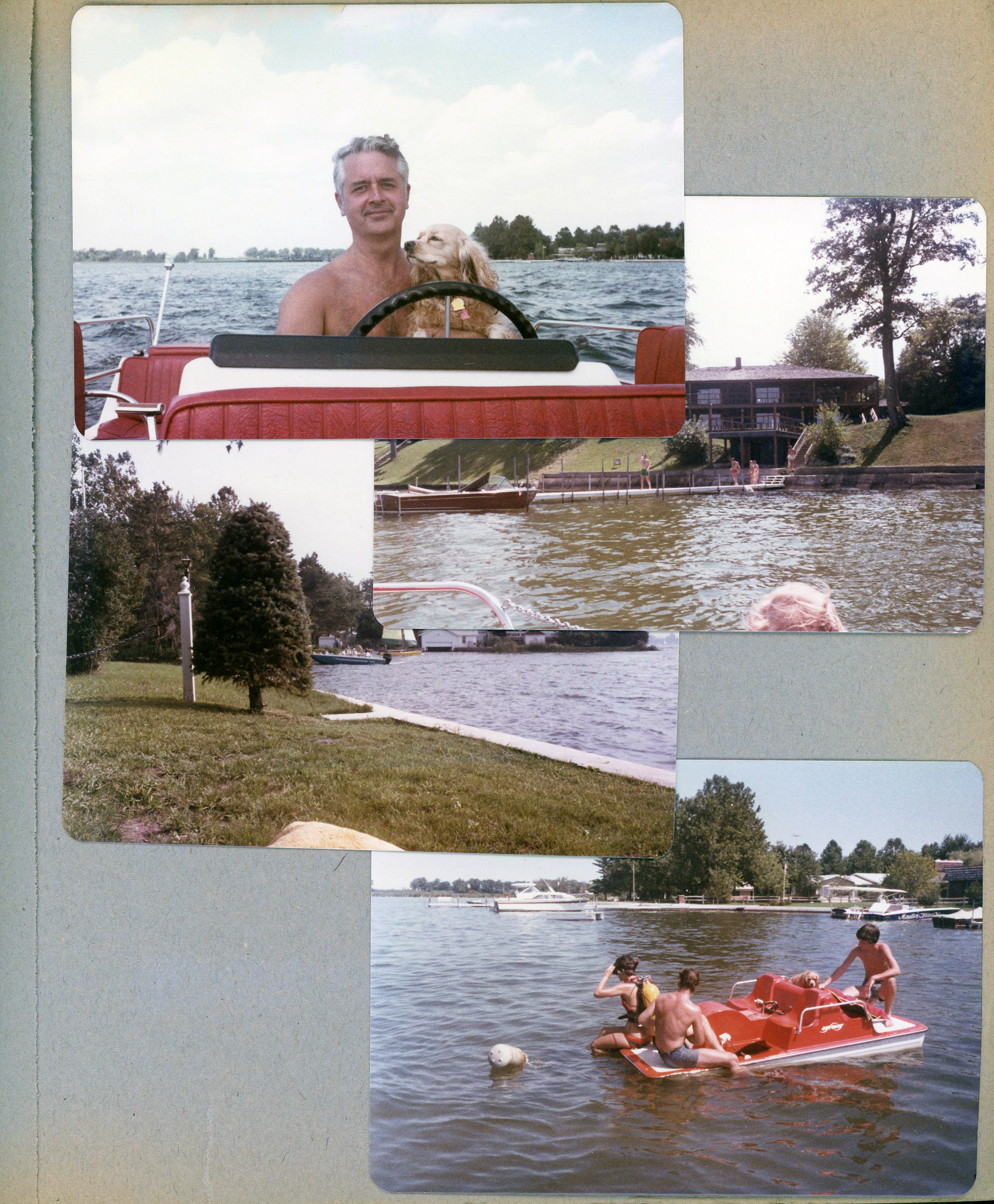 Wawasee - John and Heather in Sylvan. House on hill. Looking south toward point. Pedal boat - David Dawson, Fred Machledt, Susan SCUBA gear.