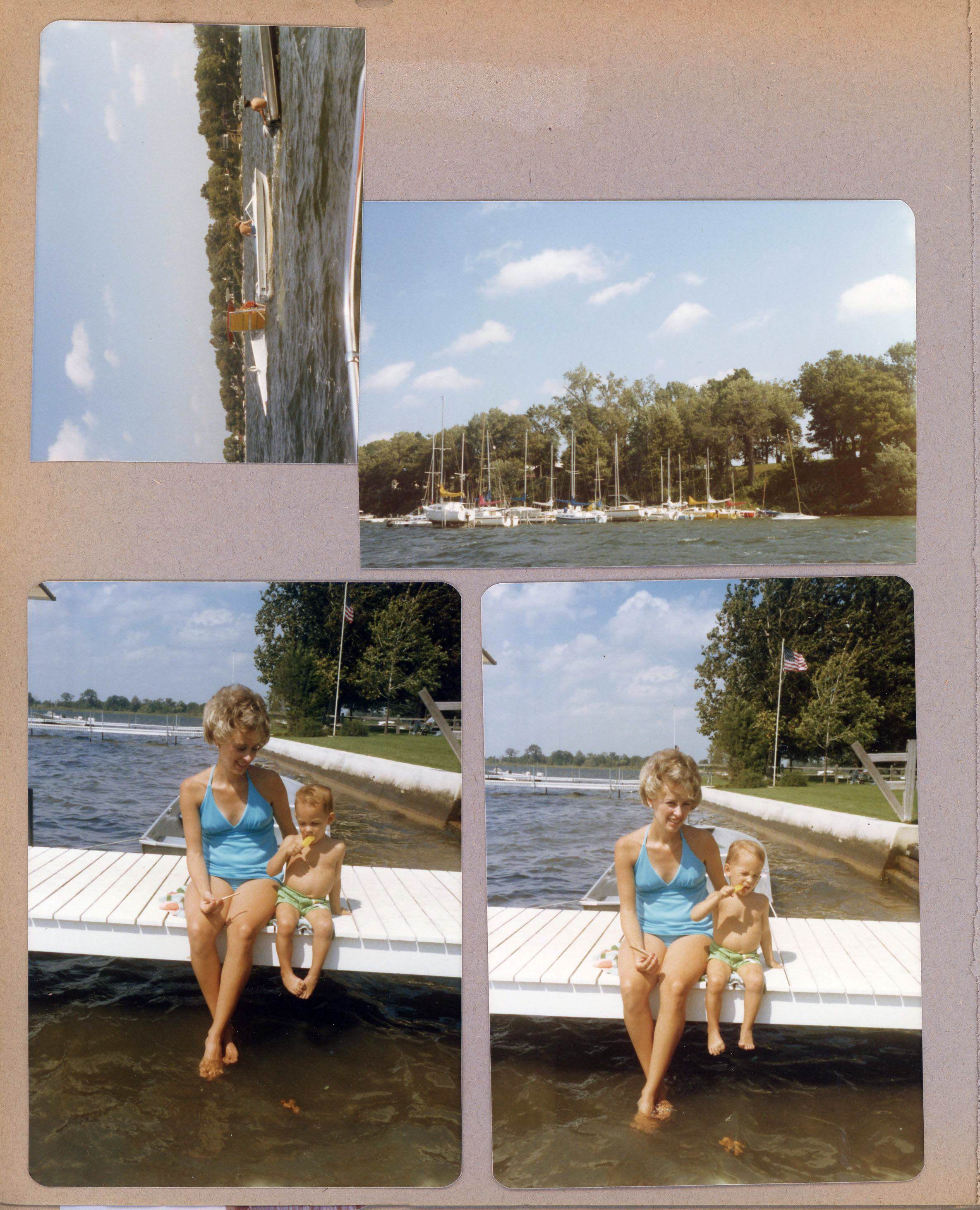 Wawasee - boat towing something. Carole Fuller and baby Brandon on pier.