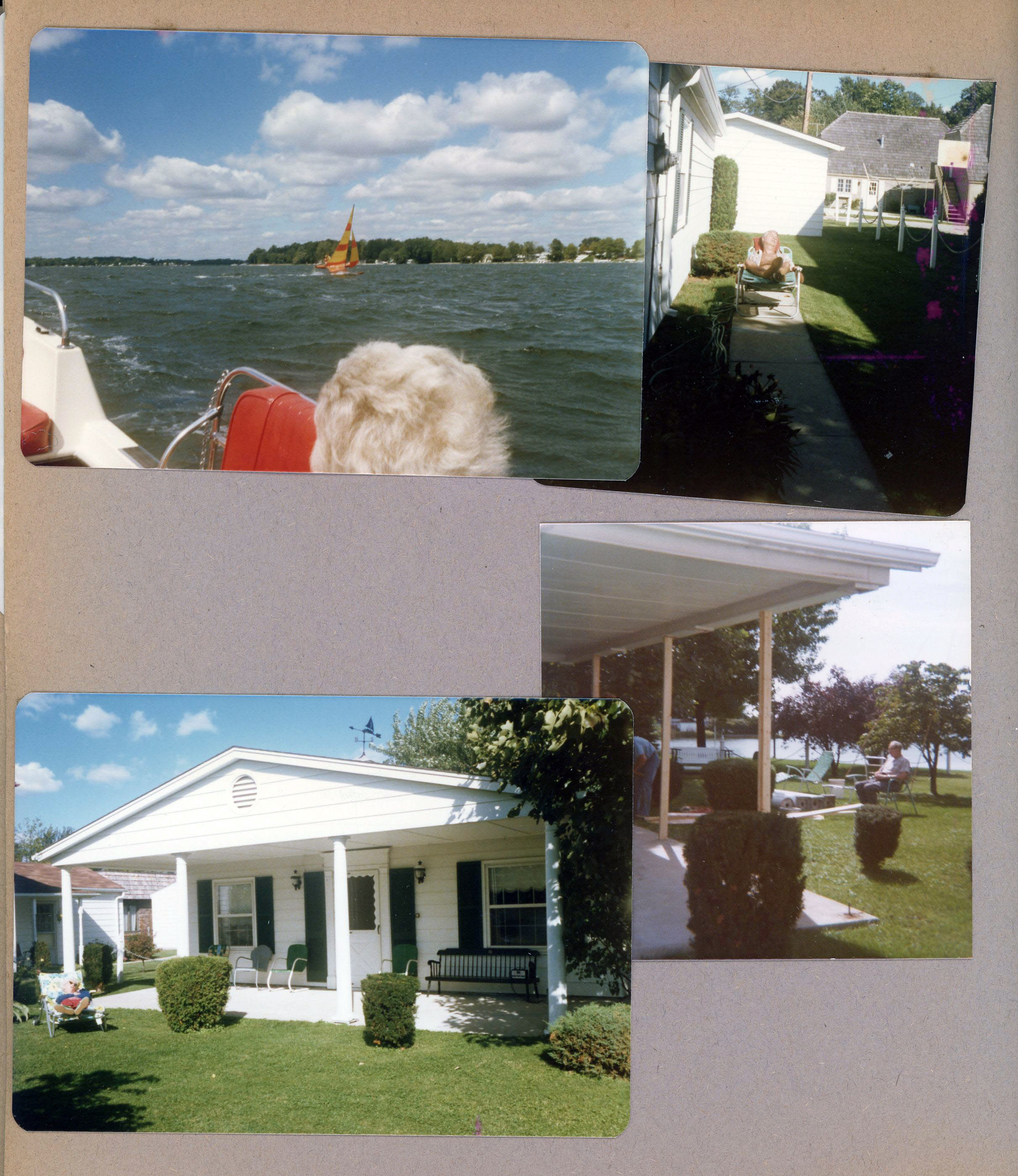 Wawasee - John in lounge next to house. Front of house - porch. Girstle in yard.