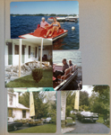 Wawasee - Louise Williams and Rosemary in pedal boat. Tearing our front porch slab. Sylvan - Girstle and Helen (hidden - Margaret Fuller and Edith?). 6122 house, yard, Ford Galaxie 500, Hobie Cat on trailer, Girstle