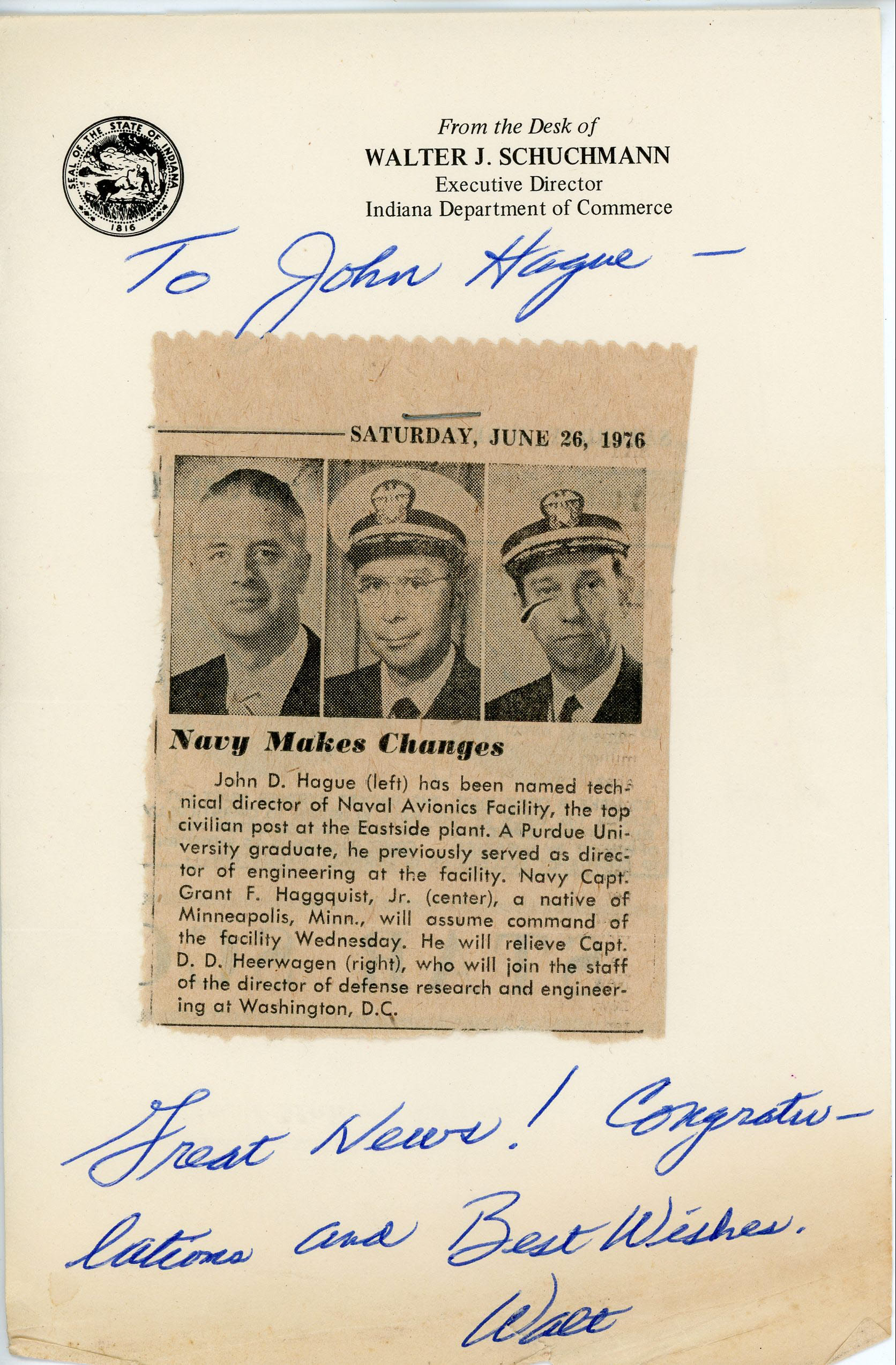 Memo from Walter Schuchmann to John Hague - named Technical Director.