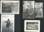 Car wreck. Rosemary on beach with notice sign. John in Purdue Cary Hall lounge 1949. John pretending to be a statue.