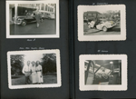 Russ Roberts in street by car and hotel. Russ, Mrs Taylor, and Joyce. '42 Studebaker wrecked. '49 Tucker interior.
