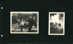 Edith in horse buggy with man. Woman hanging out laundry.