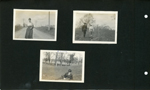 Edith or Edna standing in road. Probably Edith or Edna and Girstle walking in yard. Girstle laying in grass in a three-piece suit.