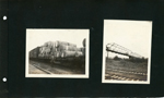 bales of hay on train. Train tracks and bridge.
