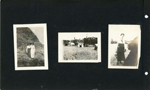 Edith and Edna by pile of hay. Women by hay cart. Edith or Edna on rock by bridge