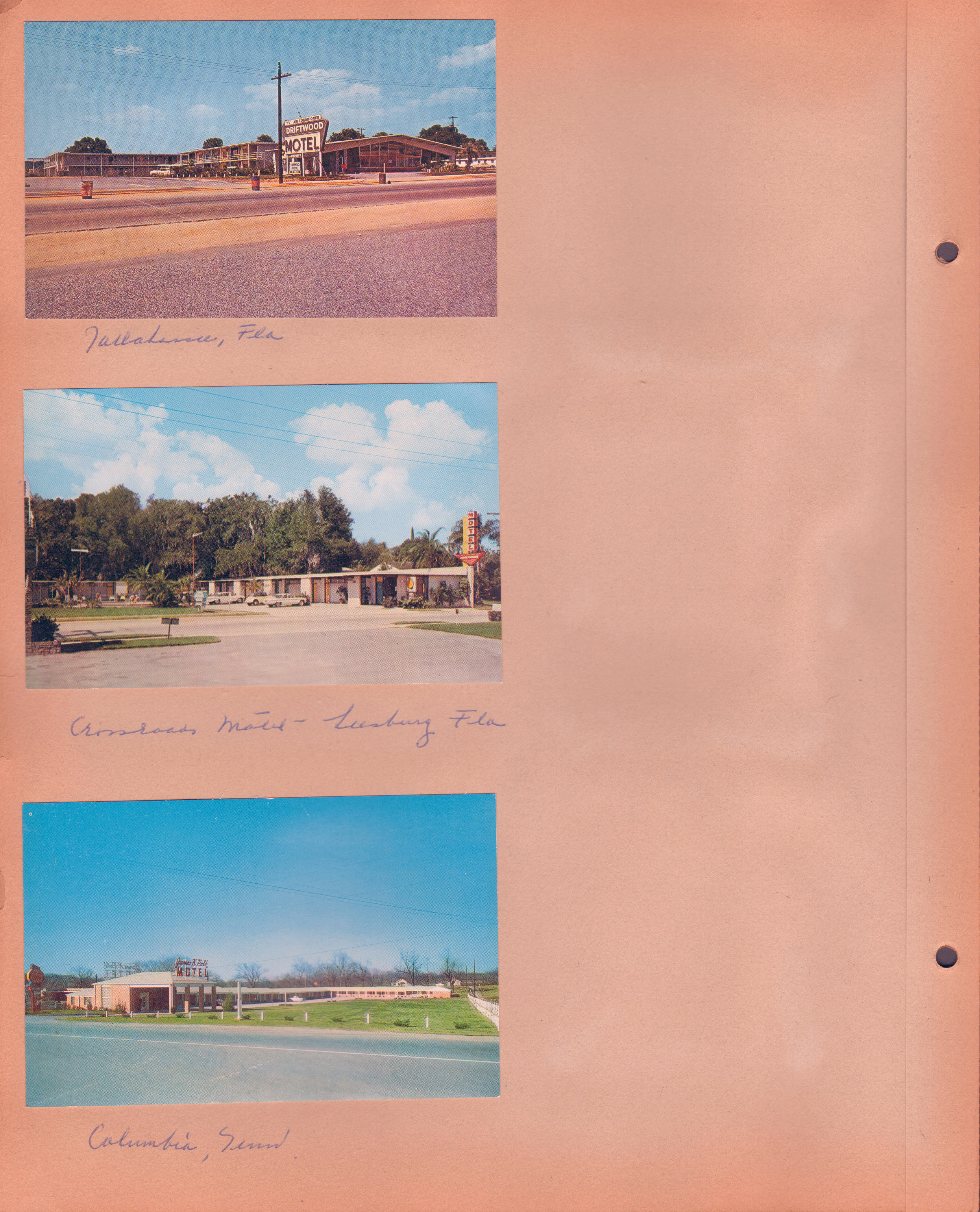 Postcard - Driftwood Motel - Tallahassee, Fla, Postcard - Crossroads Motel - Leesburg, Fla, Postcard - James K. Polk Motel - Columbia, Tenn  