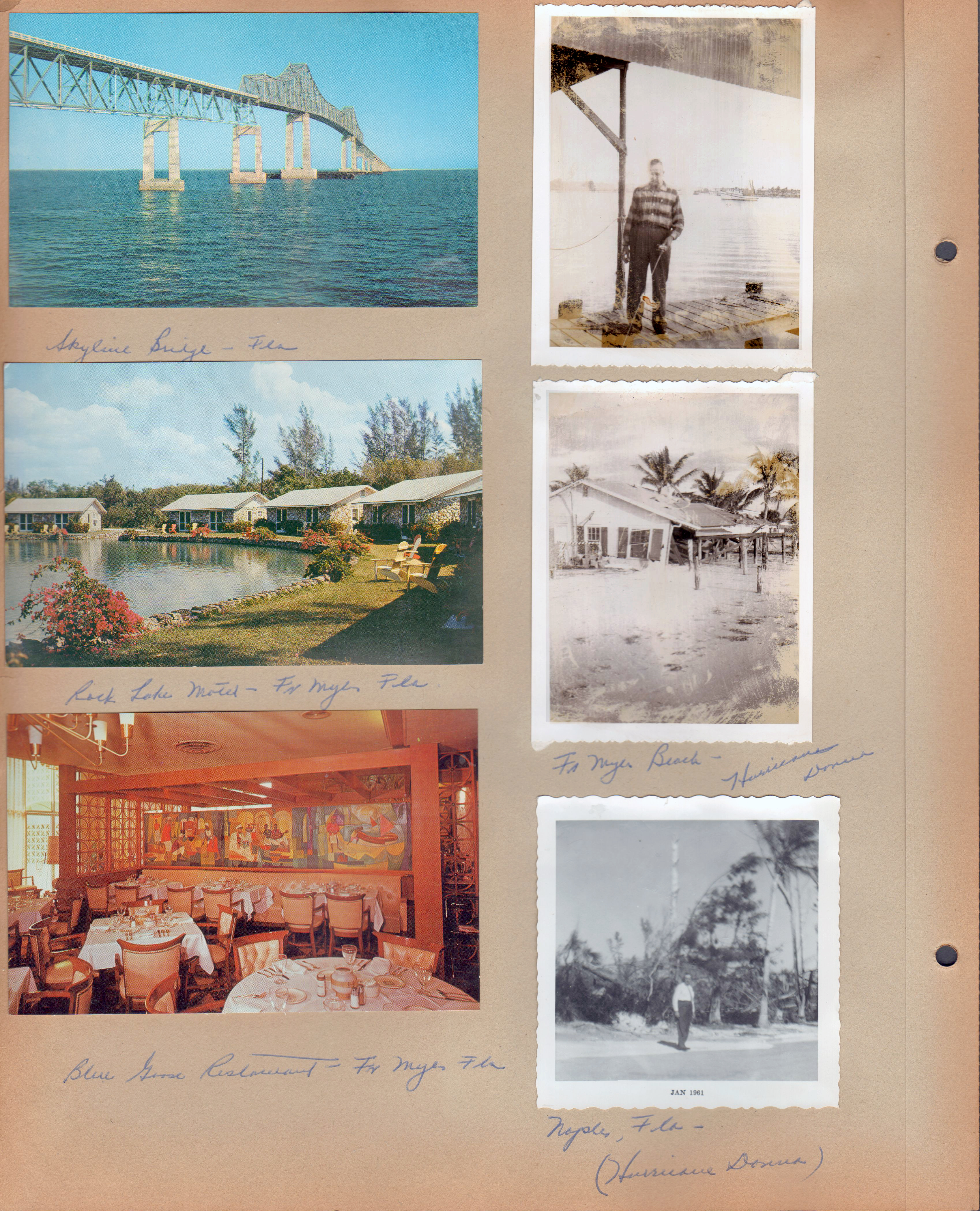 Postcard - Skyline Bridge - Fla, Postcard - Rock Lake Motel - Ft Myers, Fla, Postcard - Blue Goose restaurant - Ft Myers, Fla. Girstle fishing. Ft Myers Beach - hurricane Donna. Naples, Flo - Hurricane Donna