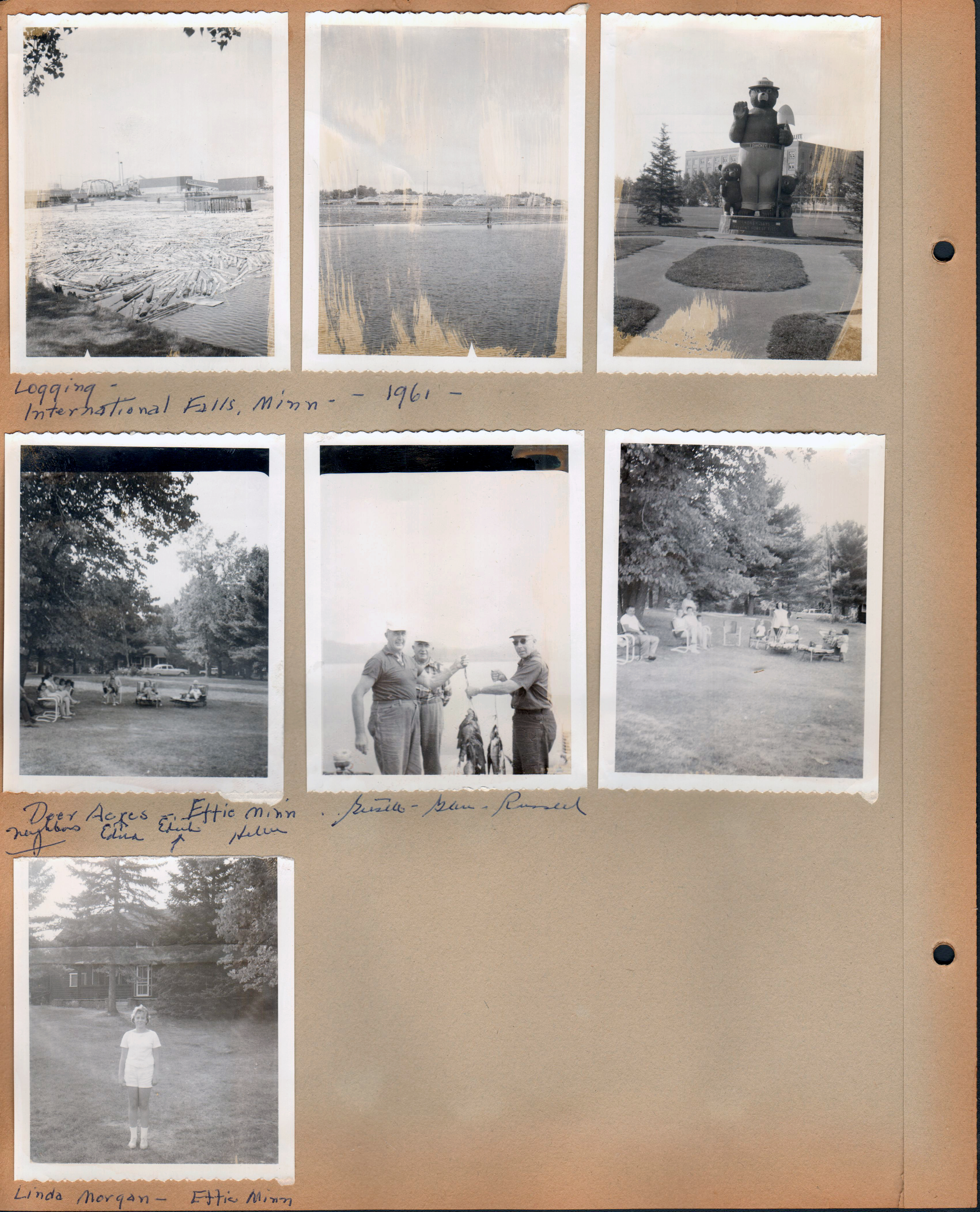 Logging - International Falls, Minn - 1961. Smokey the Bear statue. Deer Acres, Effie, Minn. neighbors - Edna, Edith, Helen. Girstle - Glen (Girstle's brother) - Russell with fish. Linda Morgan - Effie, Minn