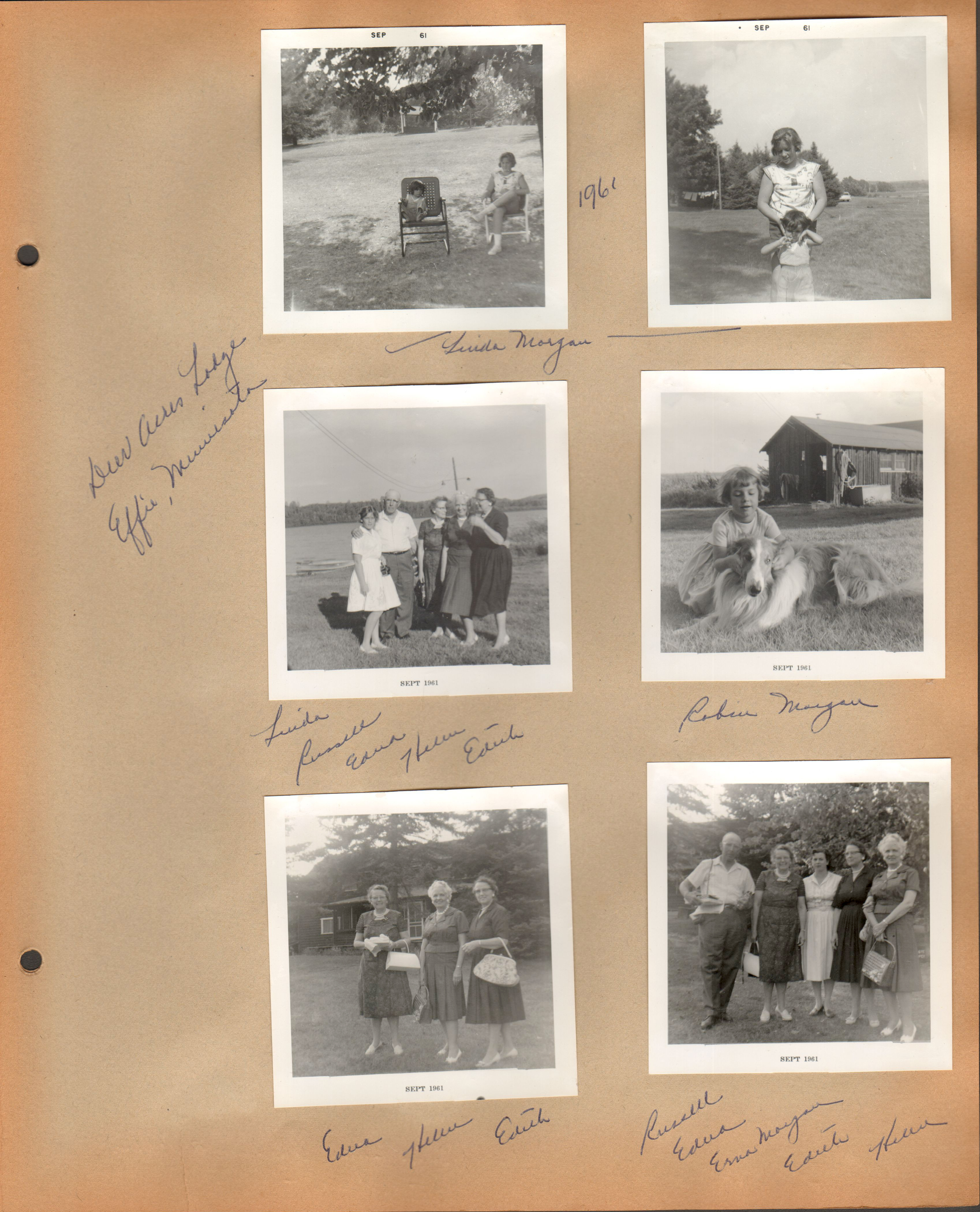 Deer Acres Ledge - Effie, Minnesota - 1961. Linda Morgan. Linda, Russell, Edna, Helen, Edith. Robin Morgan with collie. Russell, Edna, Erma Morgan, Edith, Helen.
