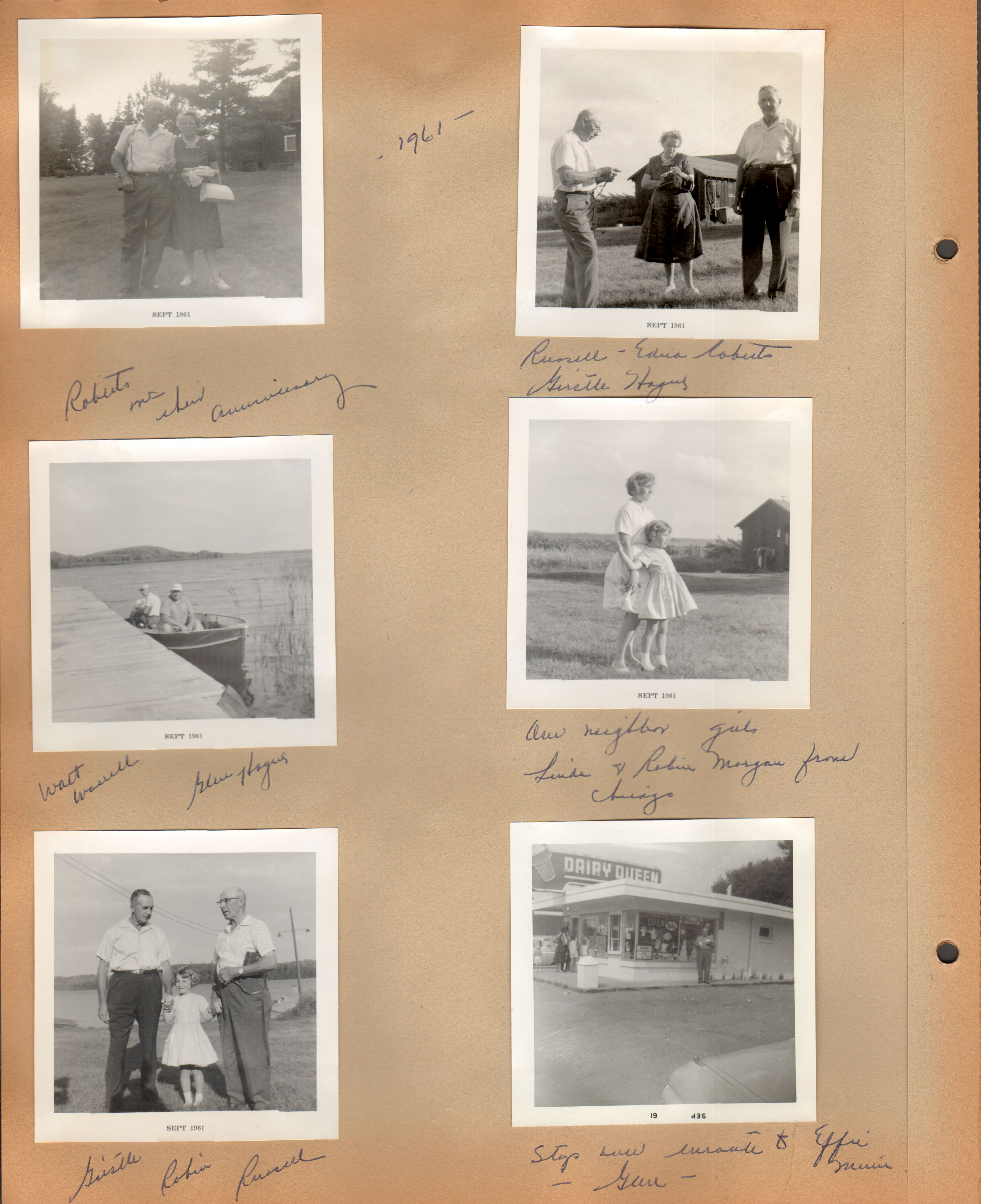 1961 - Roberts anniversary. Russell - Edna Roberts - Girstle Hague. Walt Worrell and Glen Hague in boat. Our neighbor girls - Linda + Robin Morgan from Chicago. Girstle, Robin, Russell. Stop over enroute to Effie, Minn - Glen (Girstle's brother) at Dairy Queen.