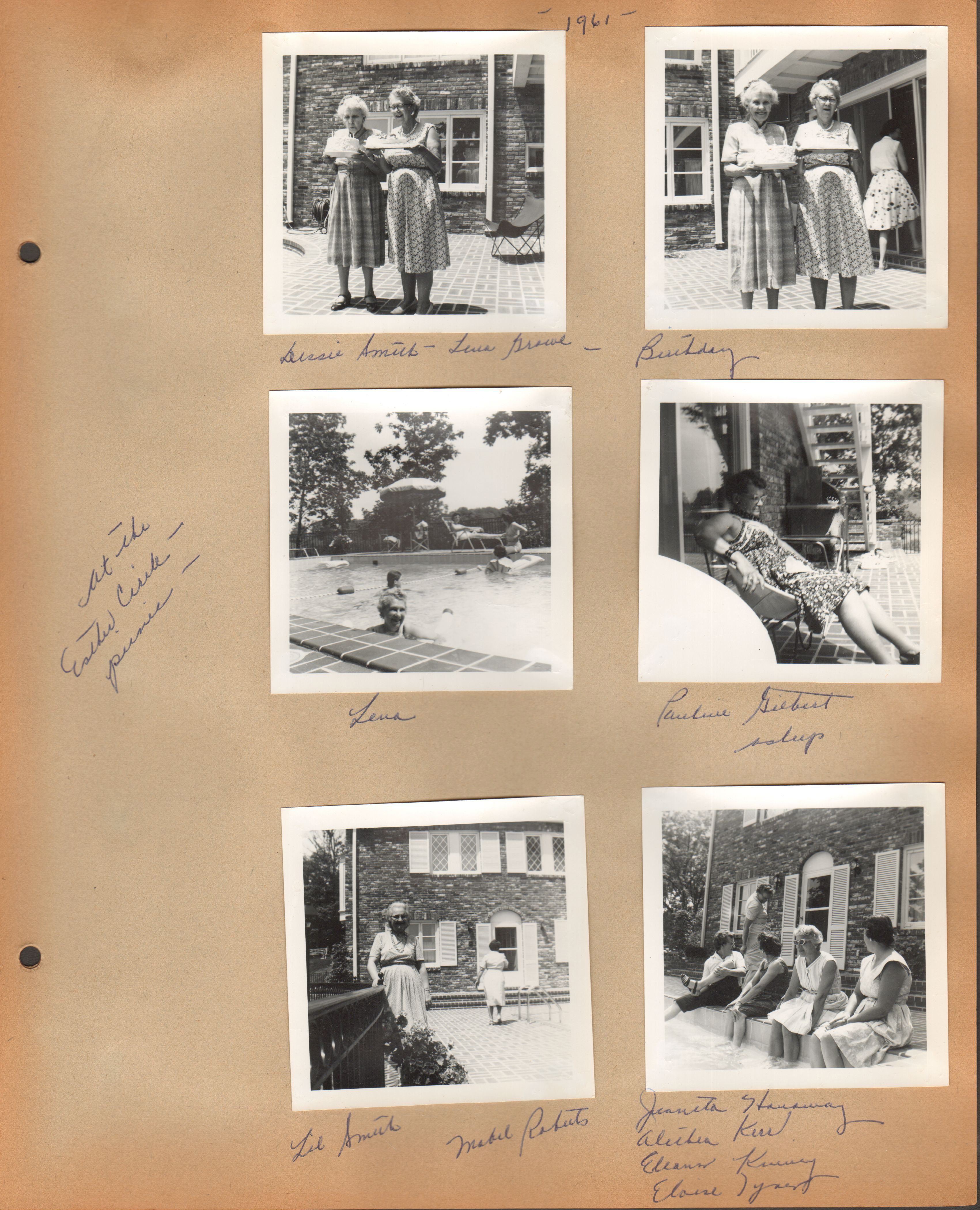 1961 - at the Esther Circle picnic - Dessie Smith - Lena Grove - Birthday. Lena. Pauline Gilbert asleep. Lil Smith - Mabel Roberts. Juanita Hanaway, Alithea Kerr, Eleanor Kinney(?), Eloise Tyner 