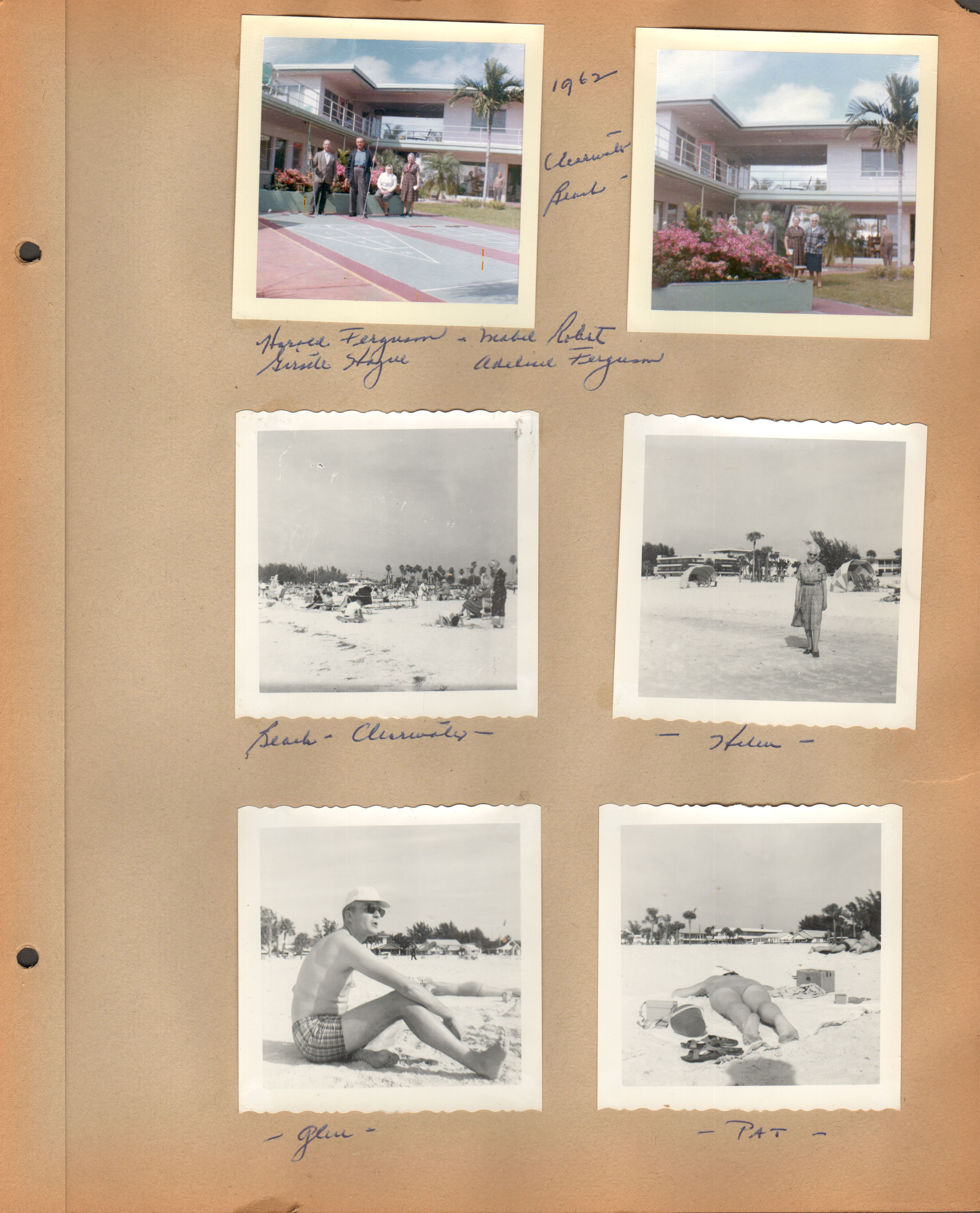 1962 Clearwater Beach - Harold Ferguson, Mabel Roberts, Girstle Hague, Adeline Ferguson. Beach - Clearwater. Helen, Glen, Pat